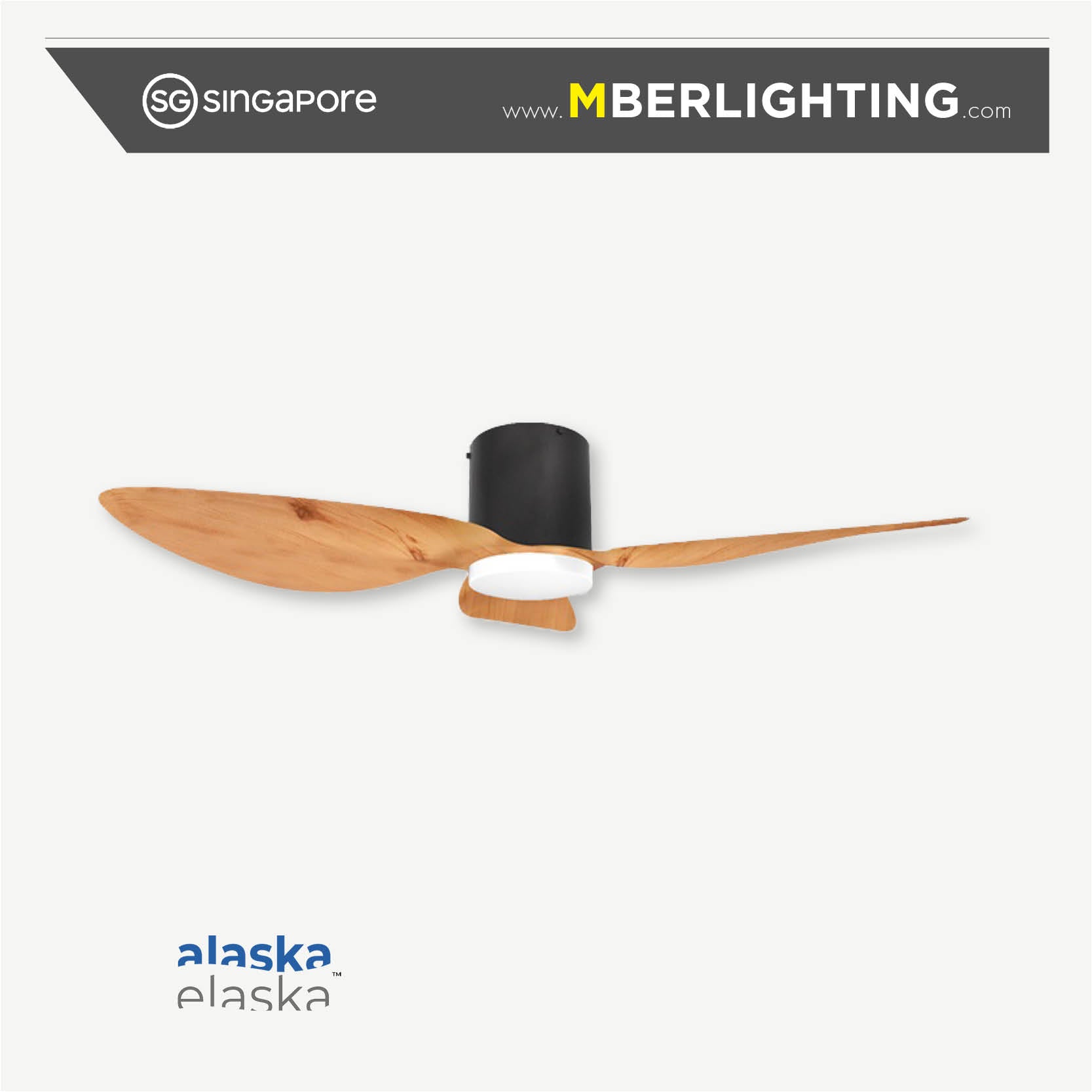 Aspen 3-blade 50" ceiling fan with light wood tone blades and black motor body with LED