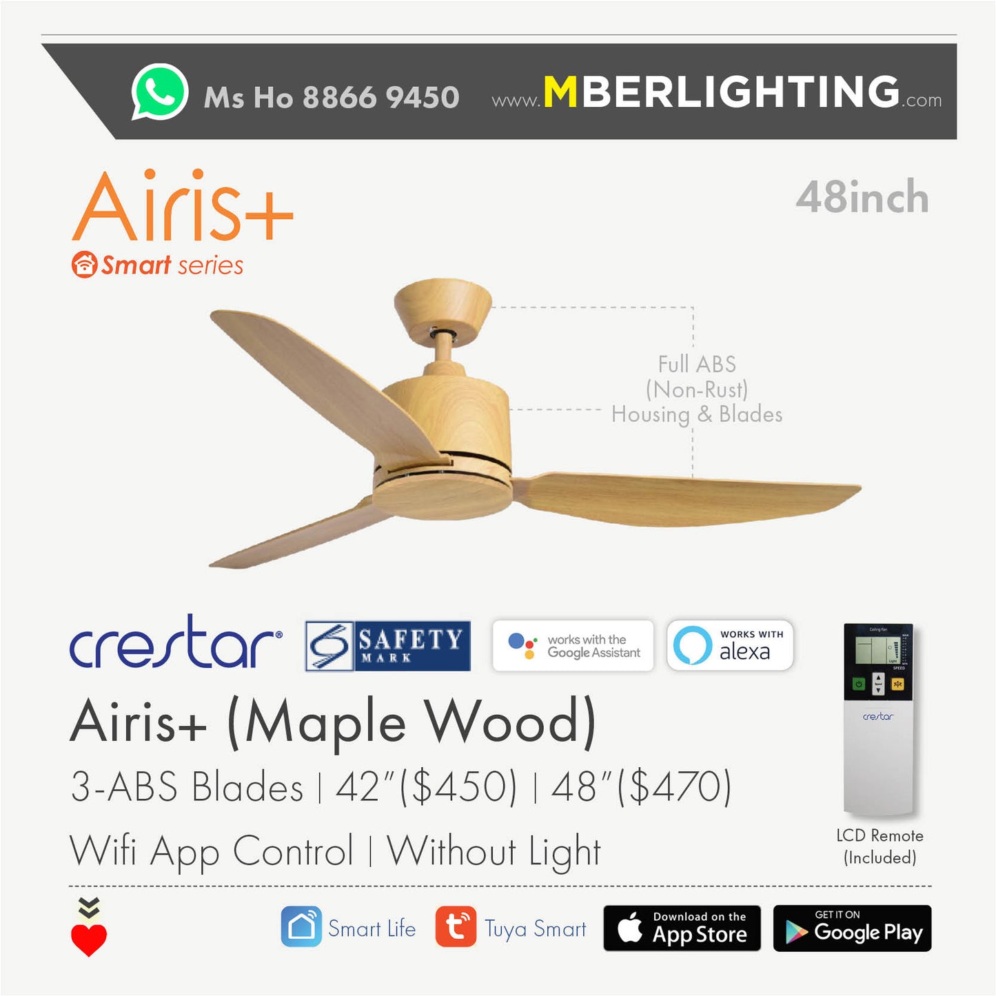 AIRIS+ 3-Blades Drop-Rod Ceiling Fan MAPLE WOOD