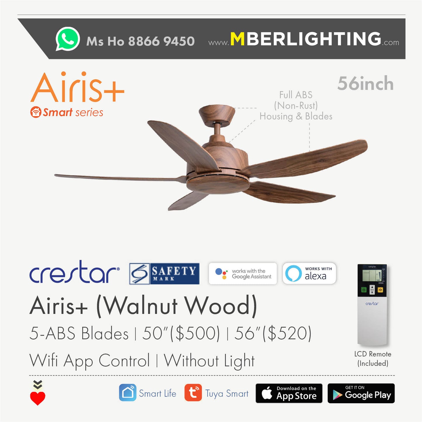 AIRIS+ 5-Blades Drop-Rod Ceiling Fan WALNUT WOOD