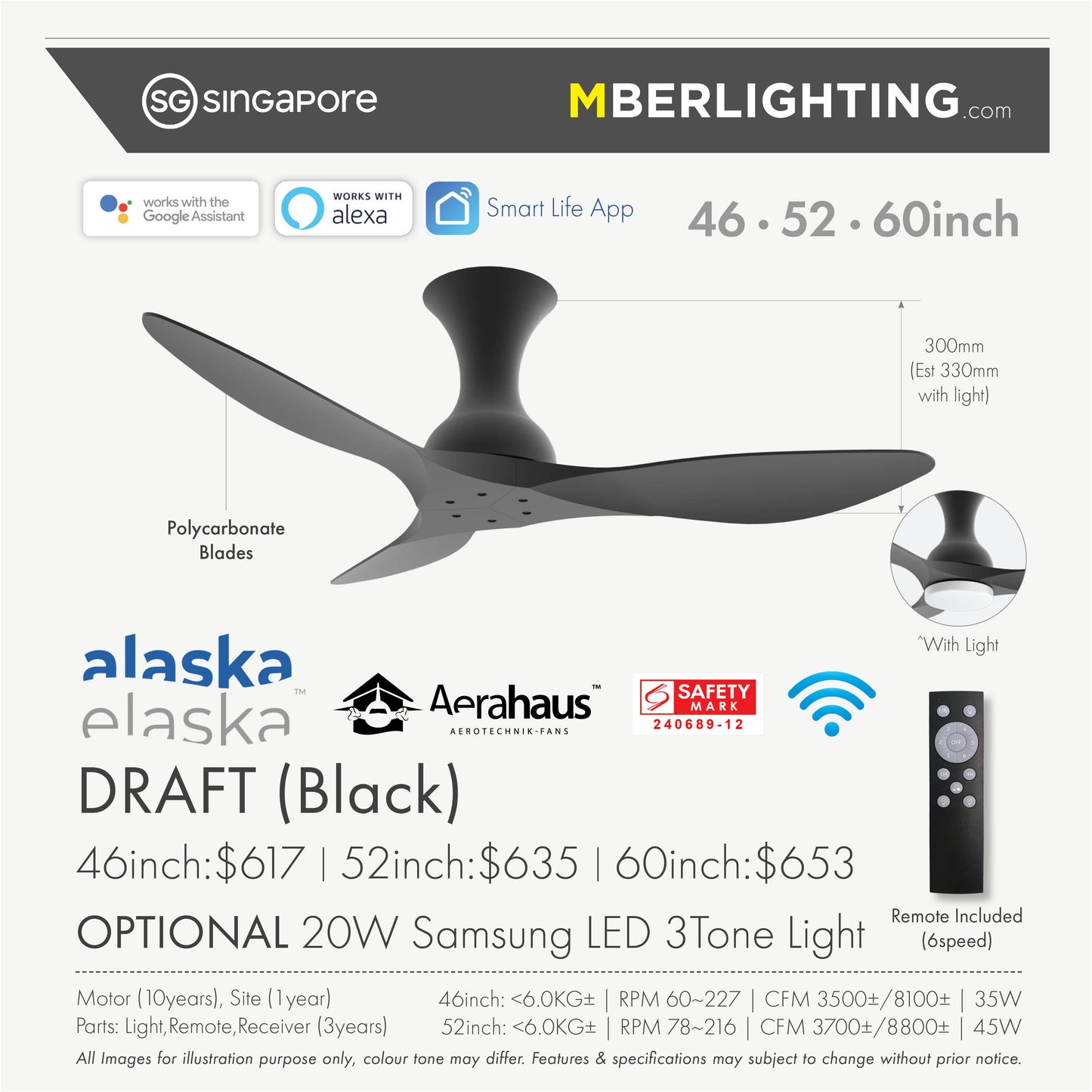 DRAFT 3-Blades Hugger Ceiling Fan in full BLACK with specifications