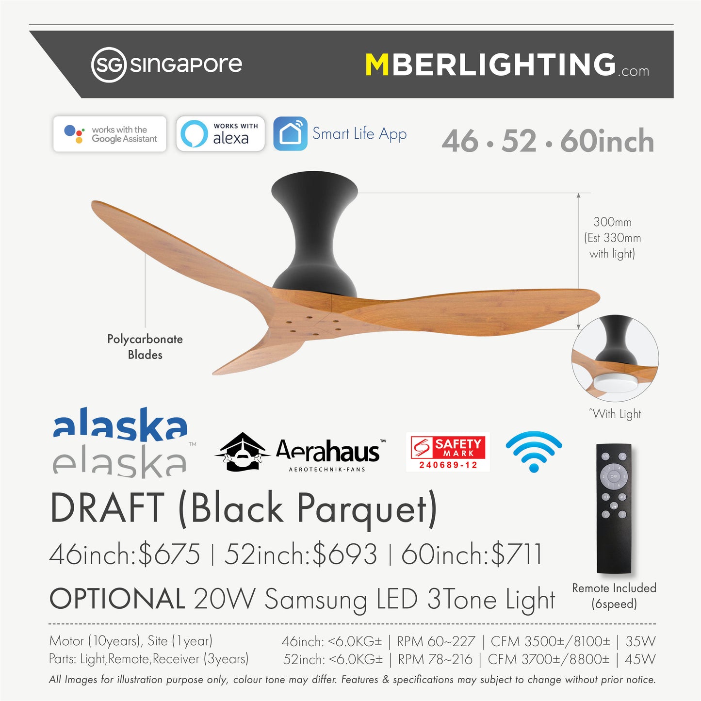 DRAFT 3-Blades Hugger Ceiling Fan in black body and parquet blades with specifications