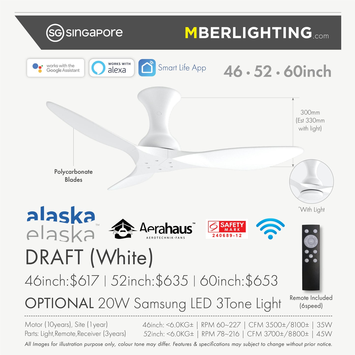 DRAFT 3-Blades Hugger Ceiling Fan in full WHITE with specifications