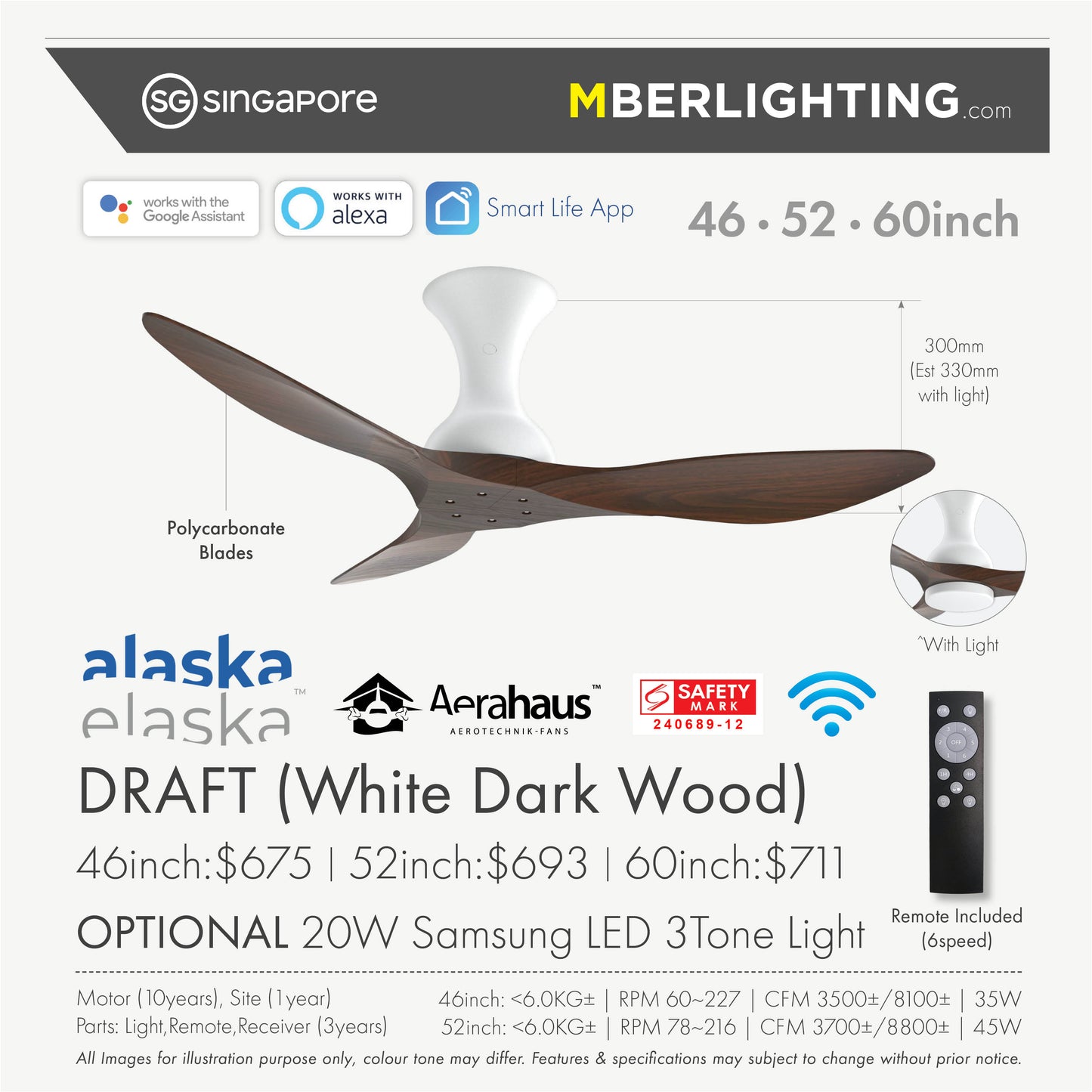 DRAFT 3-Blades Hugger Ceiling Fan in white body and dark wood blades with specifications