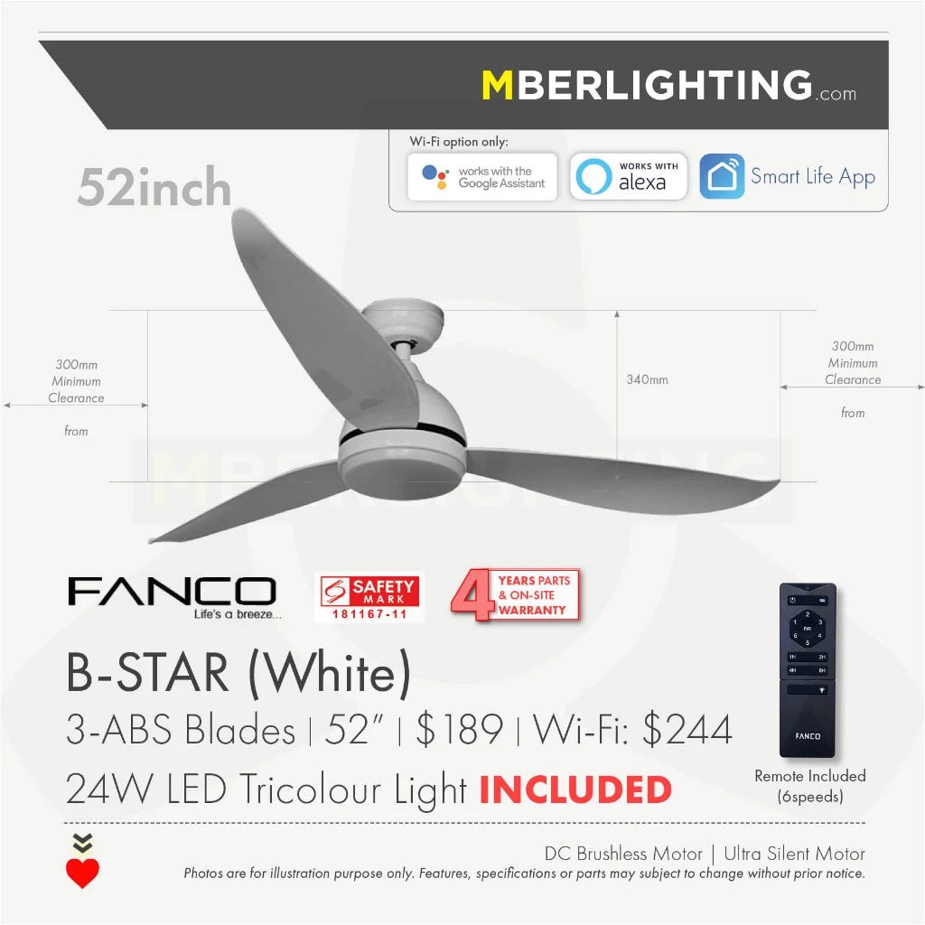 BSTAR 3-Blades Drop-Rod Ceiling Fan WHITE