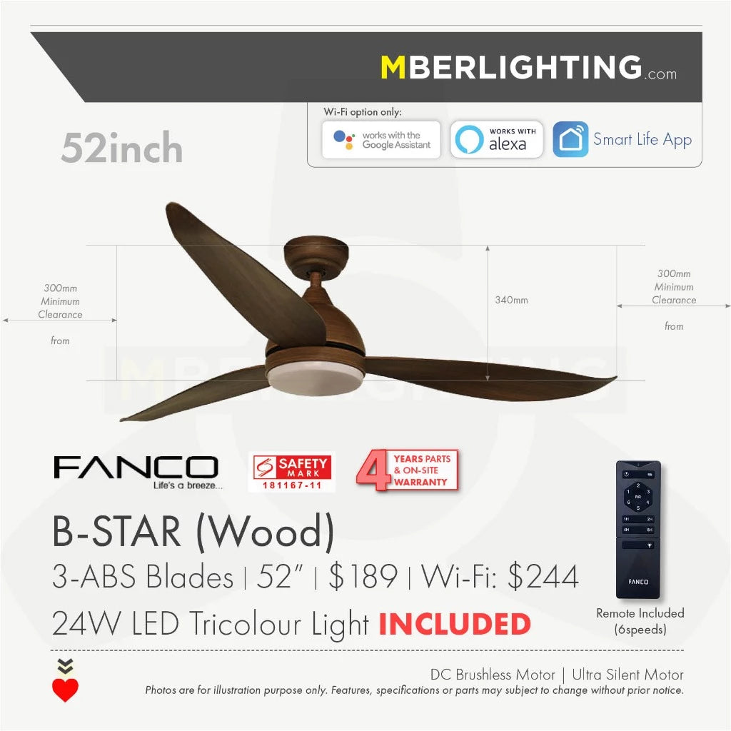 BSTAR 3-Blades Drop-Rod Ceiling Fan WOOD