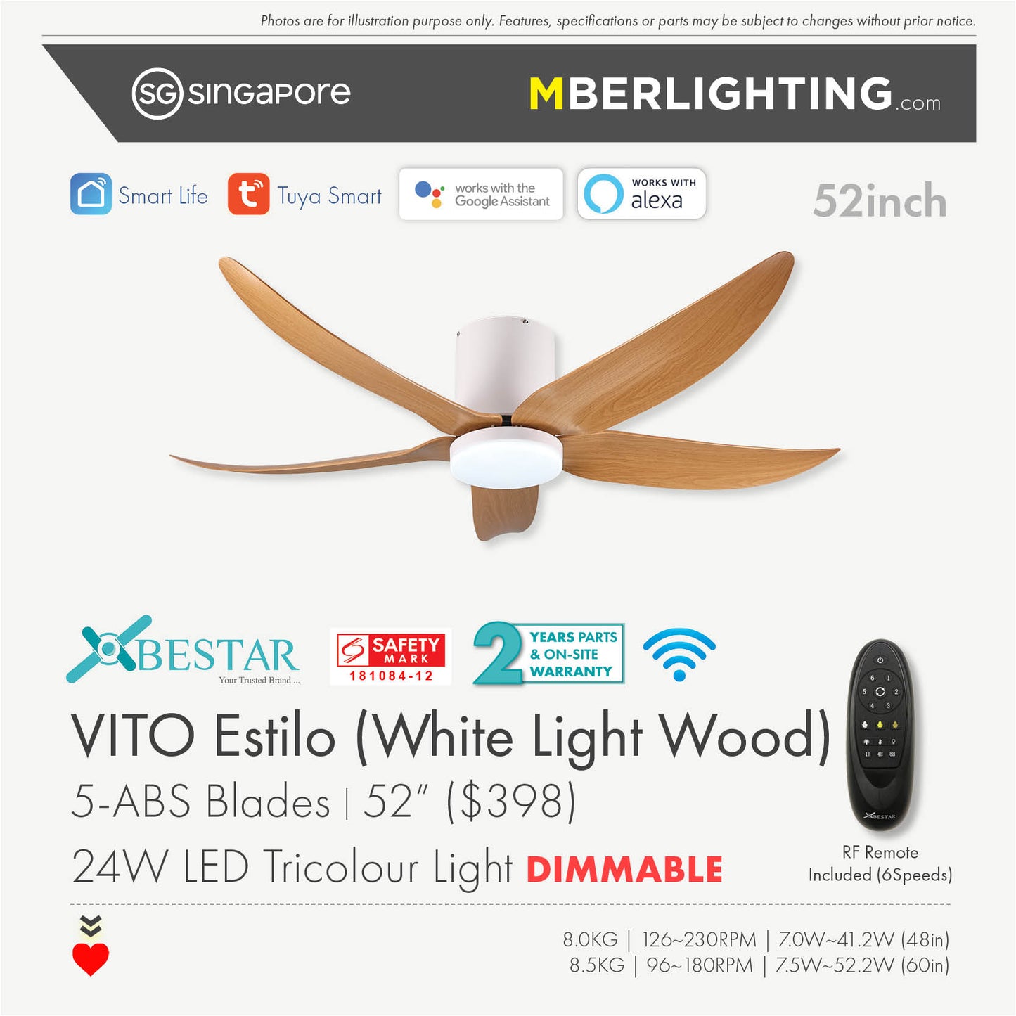 VITO5 5-Blades Hugger Ceiling Fan LIGHT WOOD