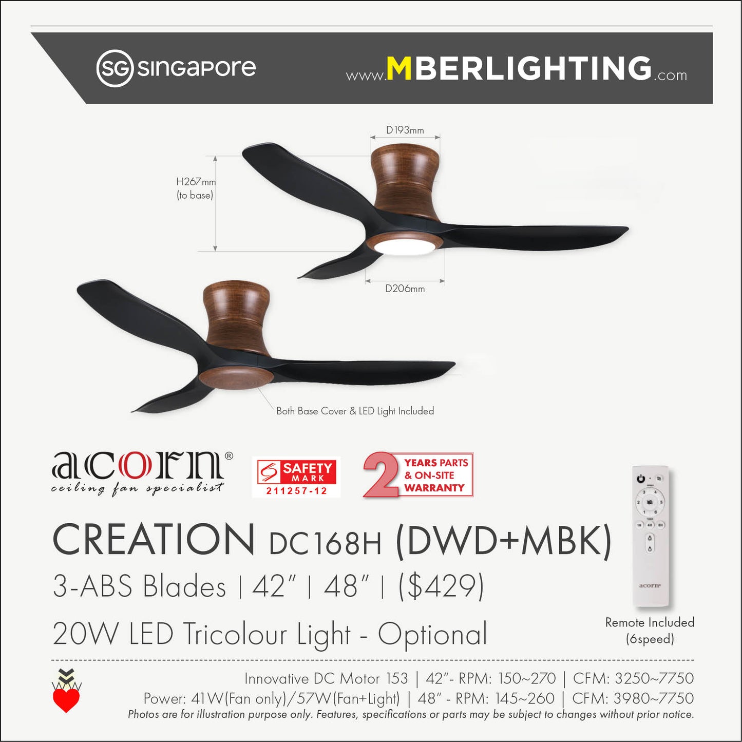 CREATION DC168H 3-Blades Hugger Ceiling Fan BLACK
