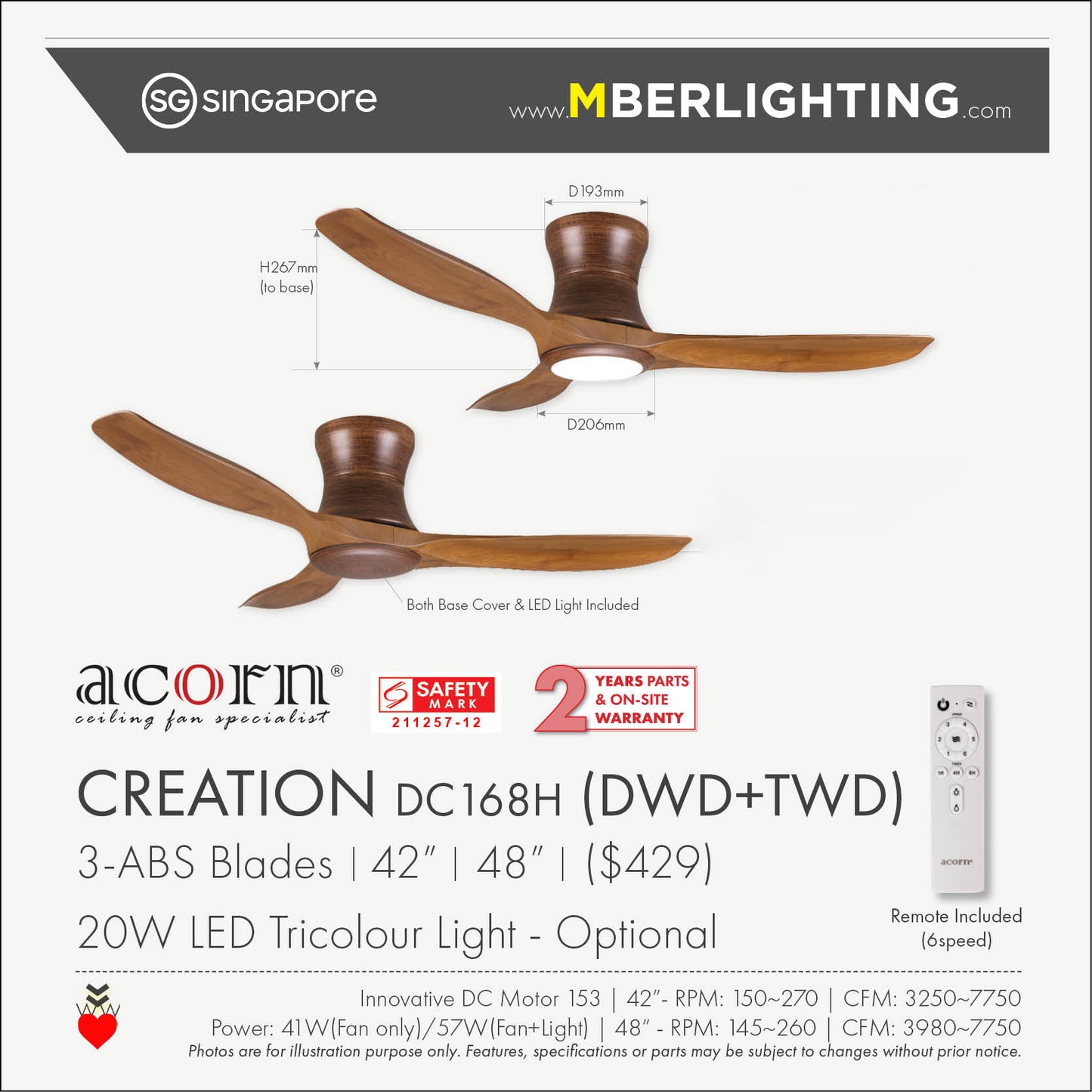 CREATION DC168H 3-Blades Hugger Ceiling Fan TEAK WOOD