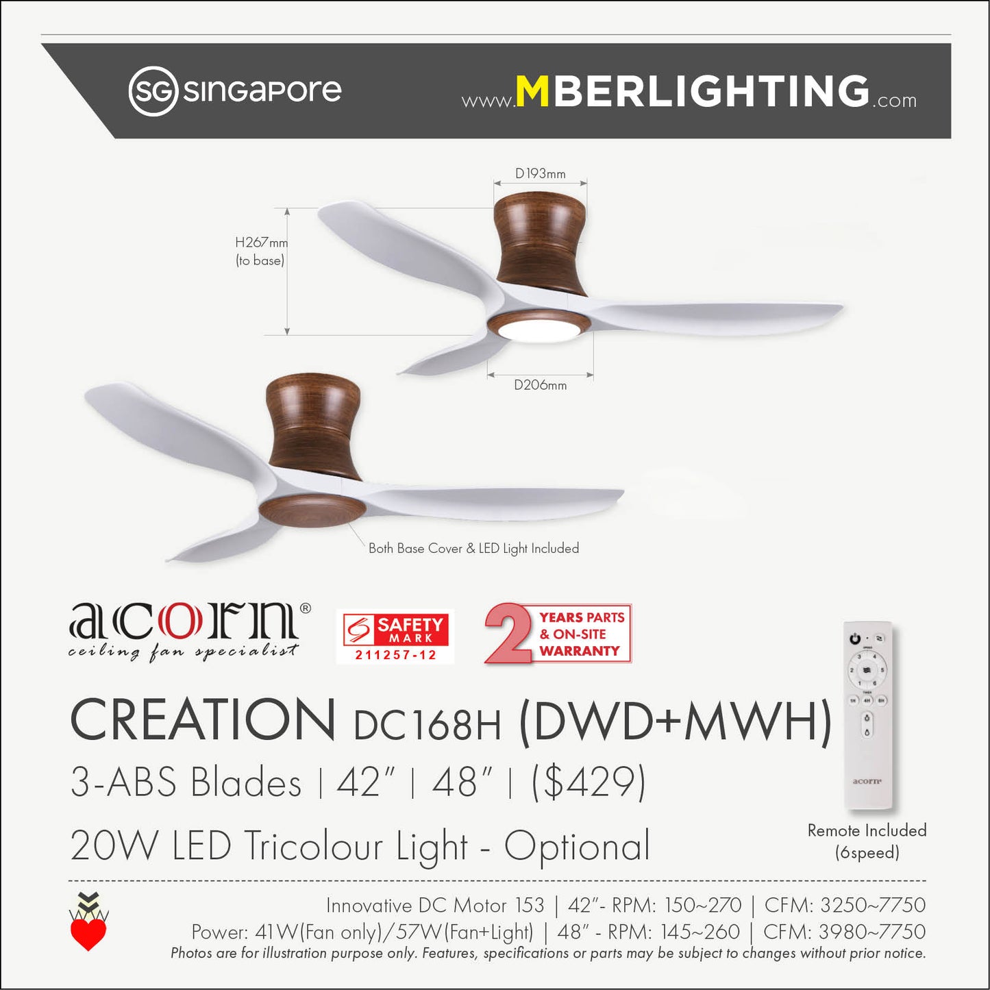 CREATION DC168H 3-Blades Hugger Ceiling Fan WHITE