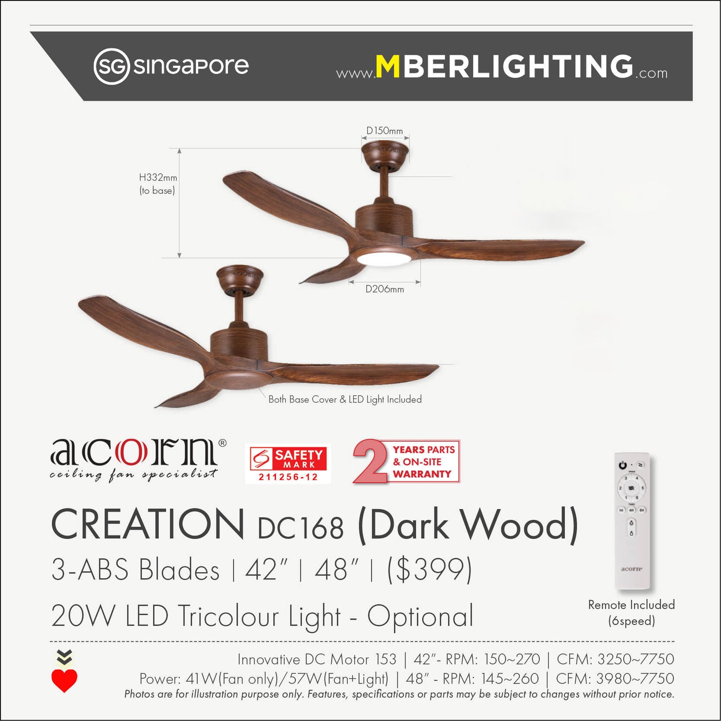 CREATION DC168 3-Blades Drop-Rod Ceiling Fan DARK WOOD