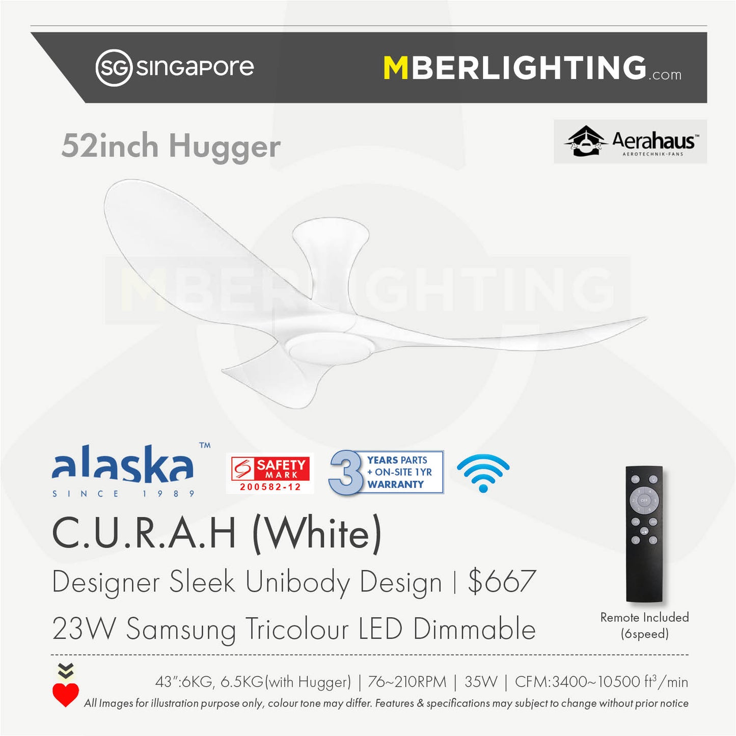 BuraH CuraH 3-Blades Hugger Ceiling Fan WHITE