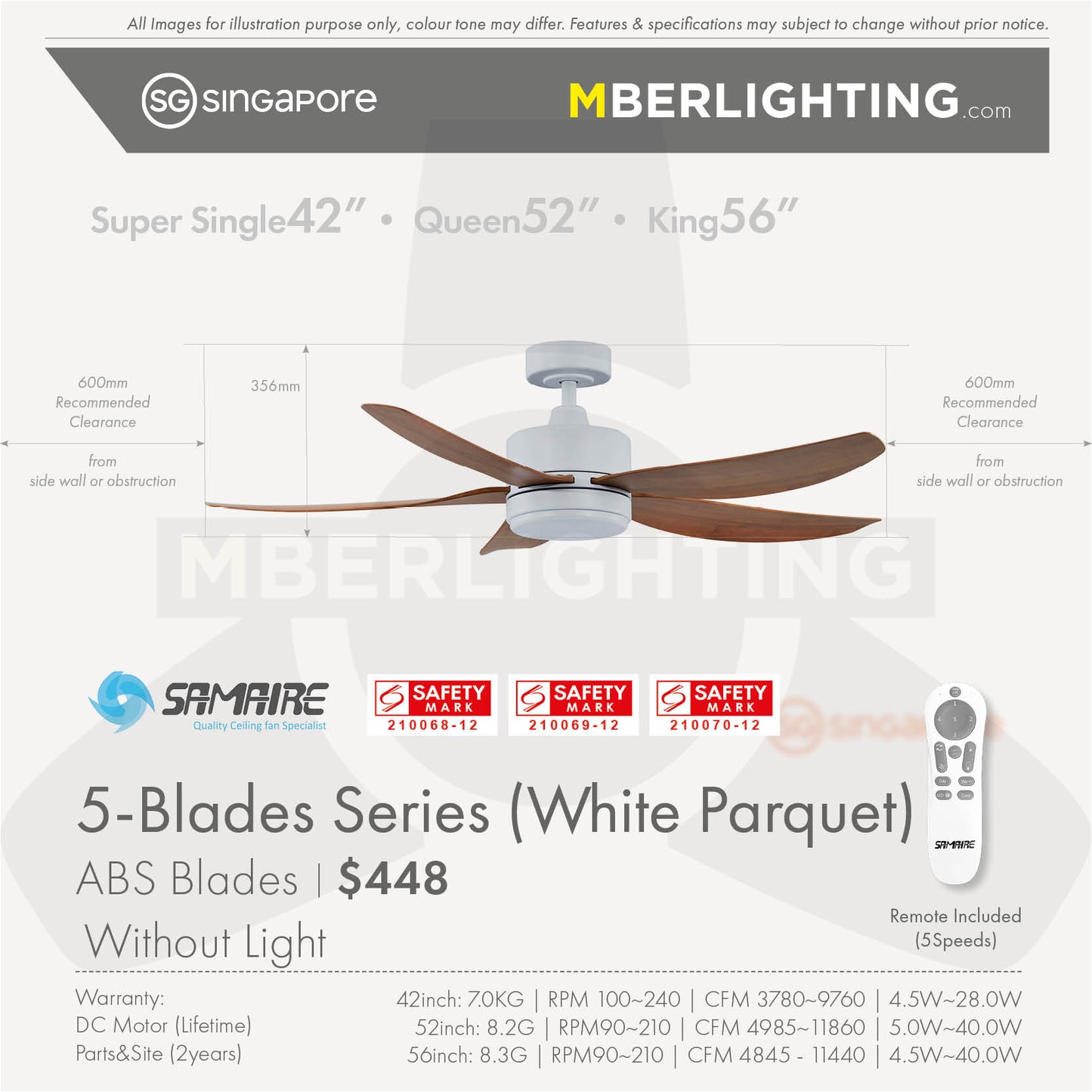 DC5 5-Blades Drop Rod Ceiling Fan PARQUET