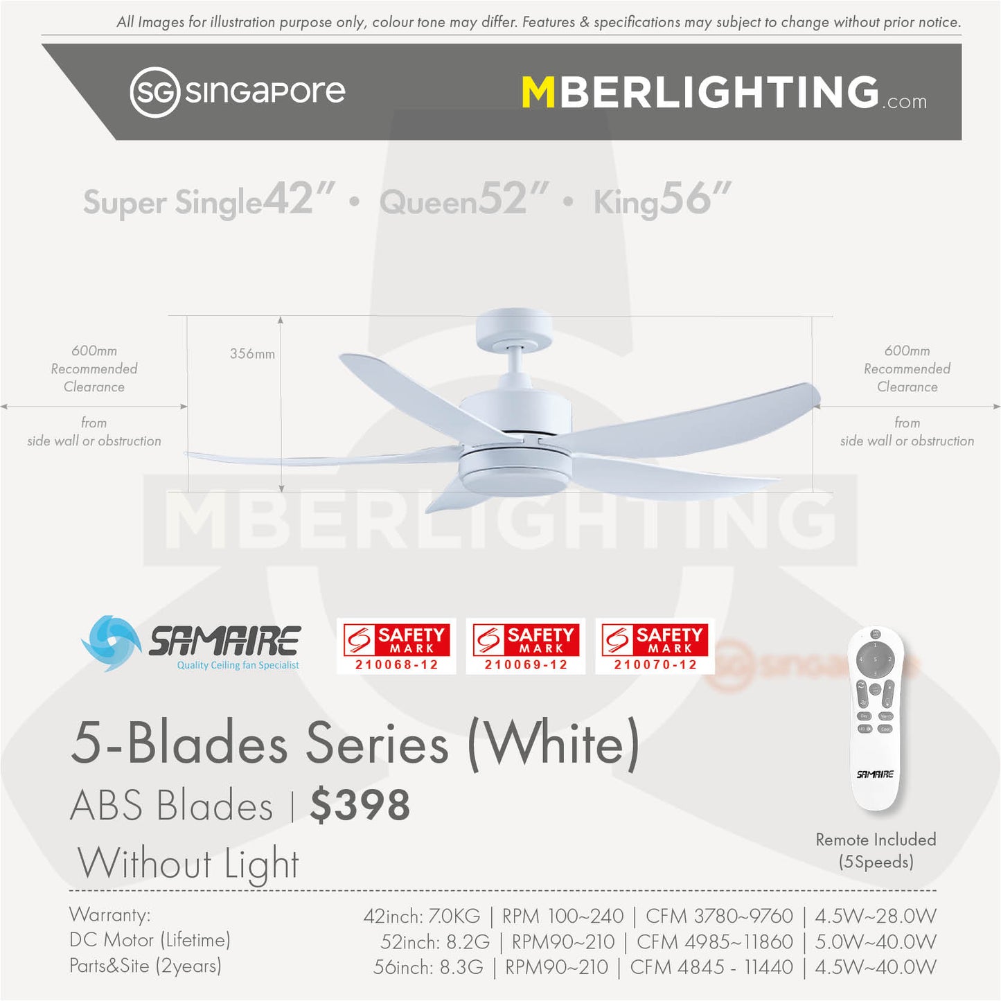 DC5 5-Blades Drop Rod Ceiling Fan WHITE
