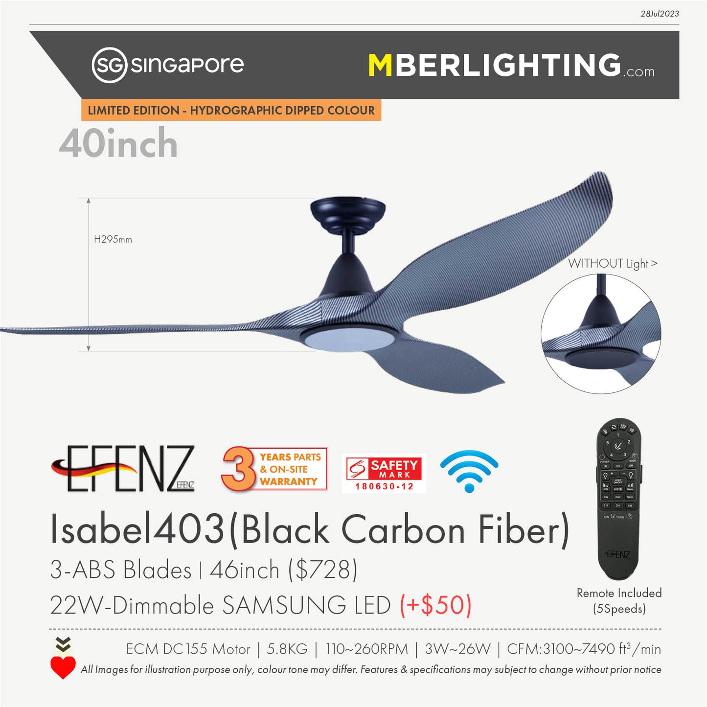 EFENZ 3-Blade Drop-Rod Ceiling Fan BLACK CARBON FIBER