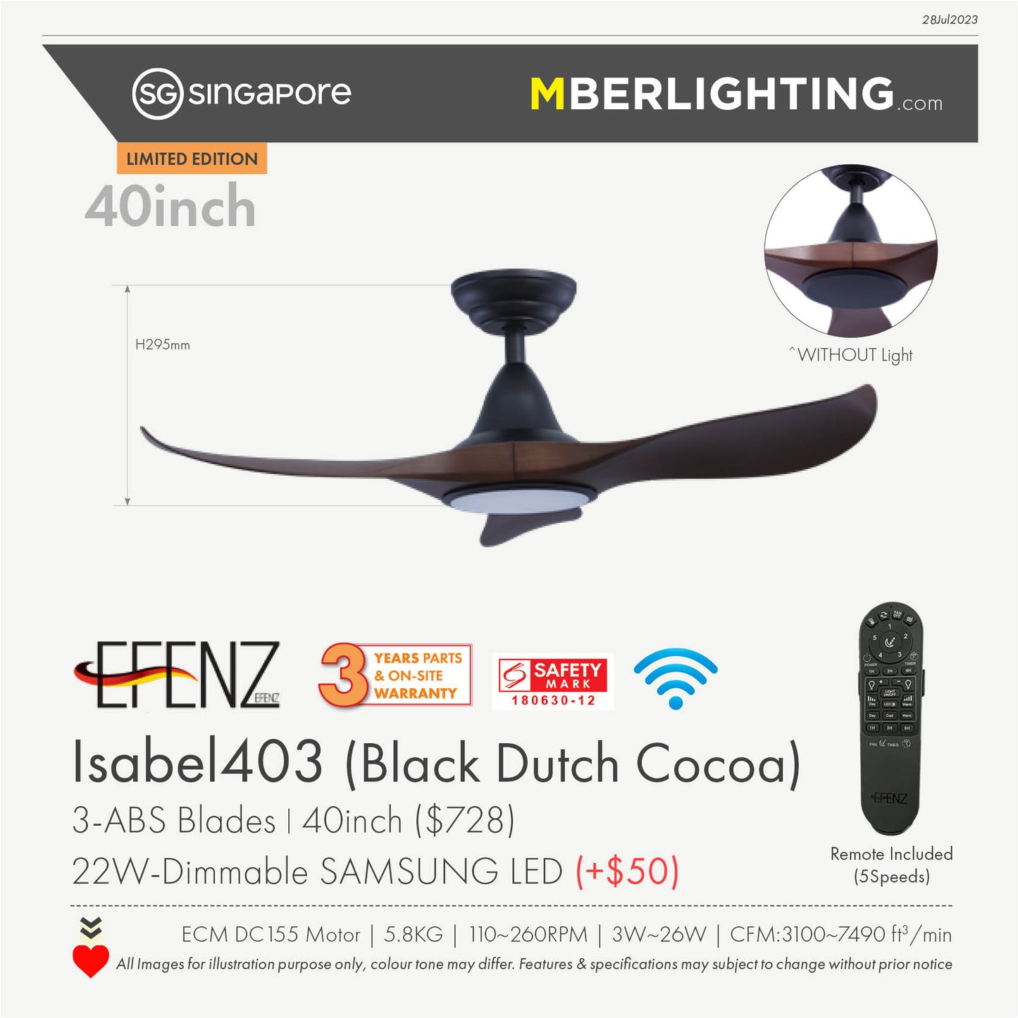 EFENZ 3-Blade Drop-Rod Ceiling Fan DUTCH COCOA
