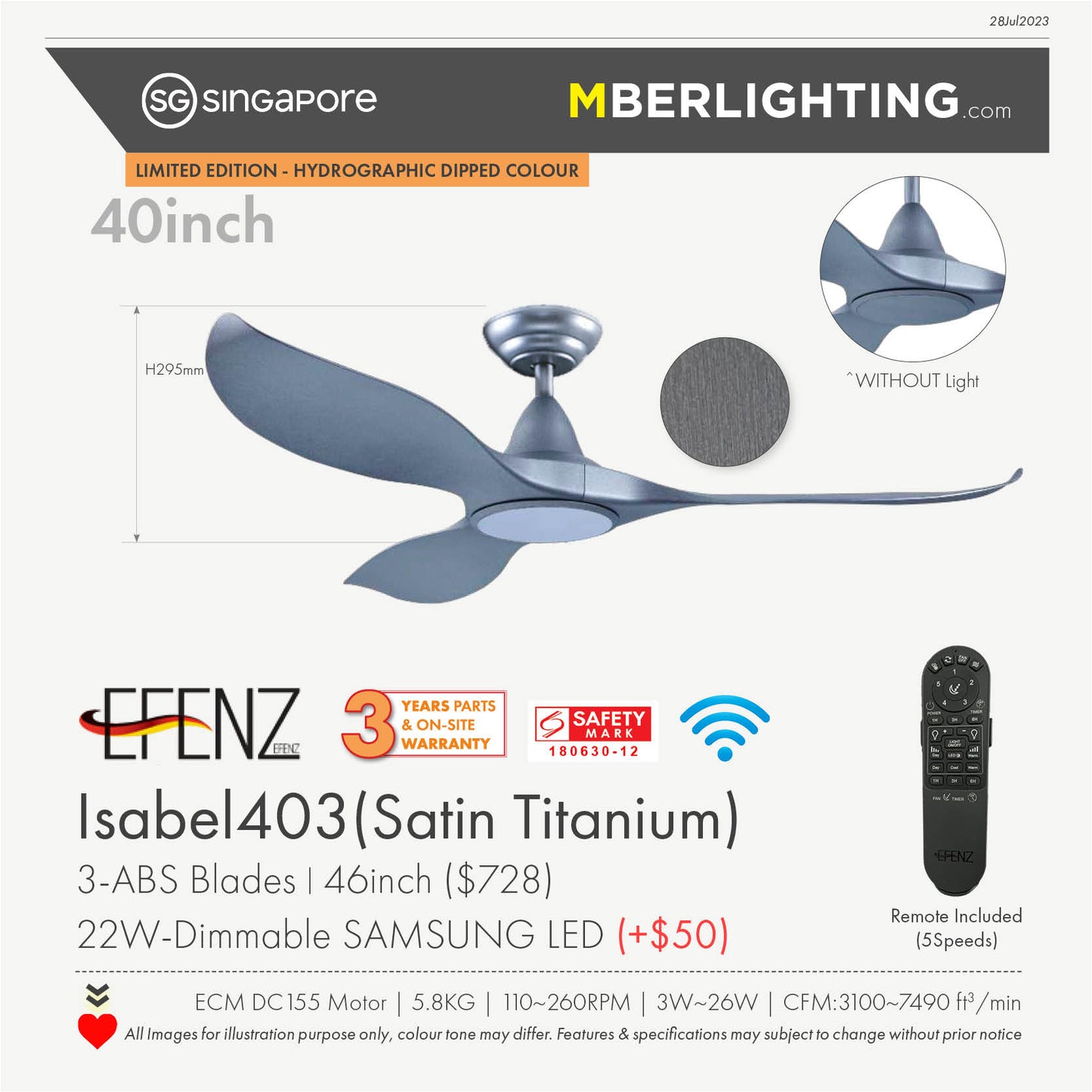 EFENZ 3-Blade Drop-Rod Ceiling Fan SATIN TITANIUM