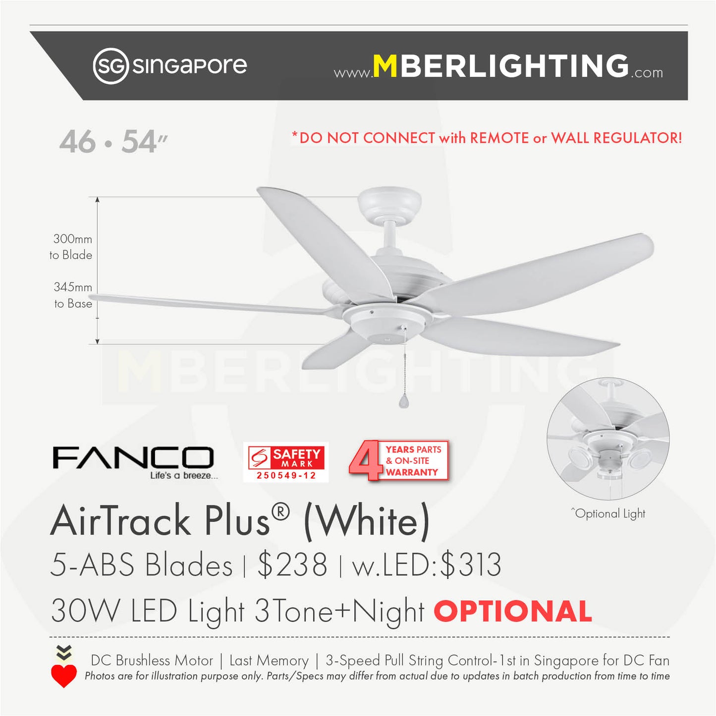 AIRTRACK PLUS 5-Blades Drop-Rod Ceiling Fan WHITE