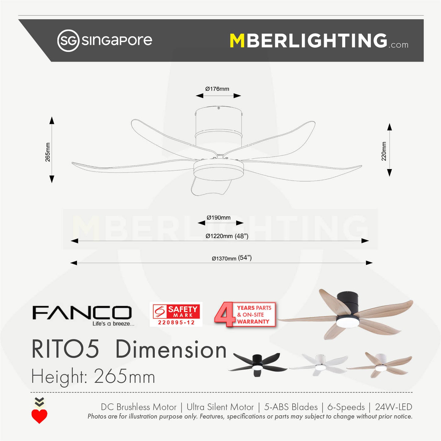 RITO5 5-Blades Hugger Ceiling Fan BLACK PINE