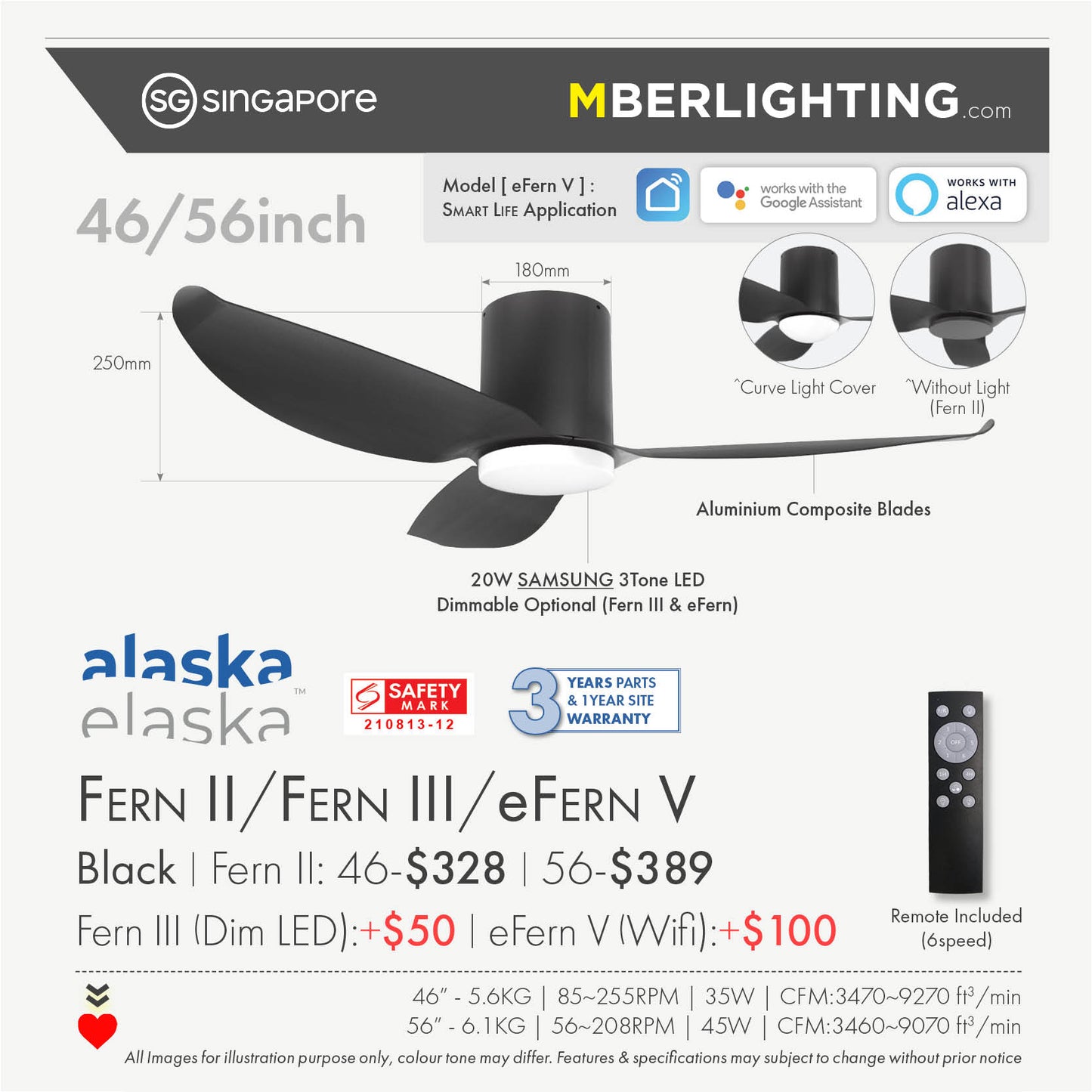 alaska fern 3 blade ceiling fan in full black product specs