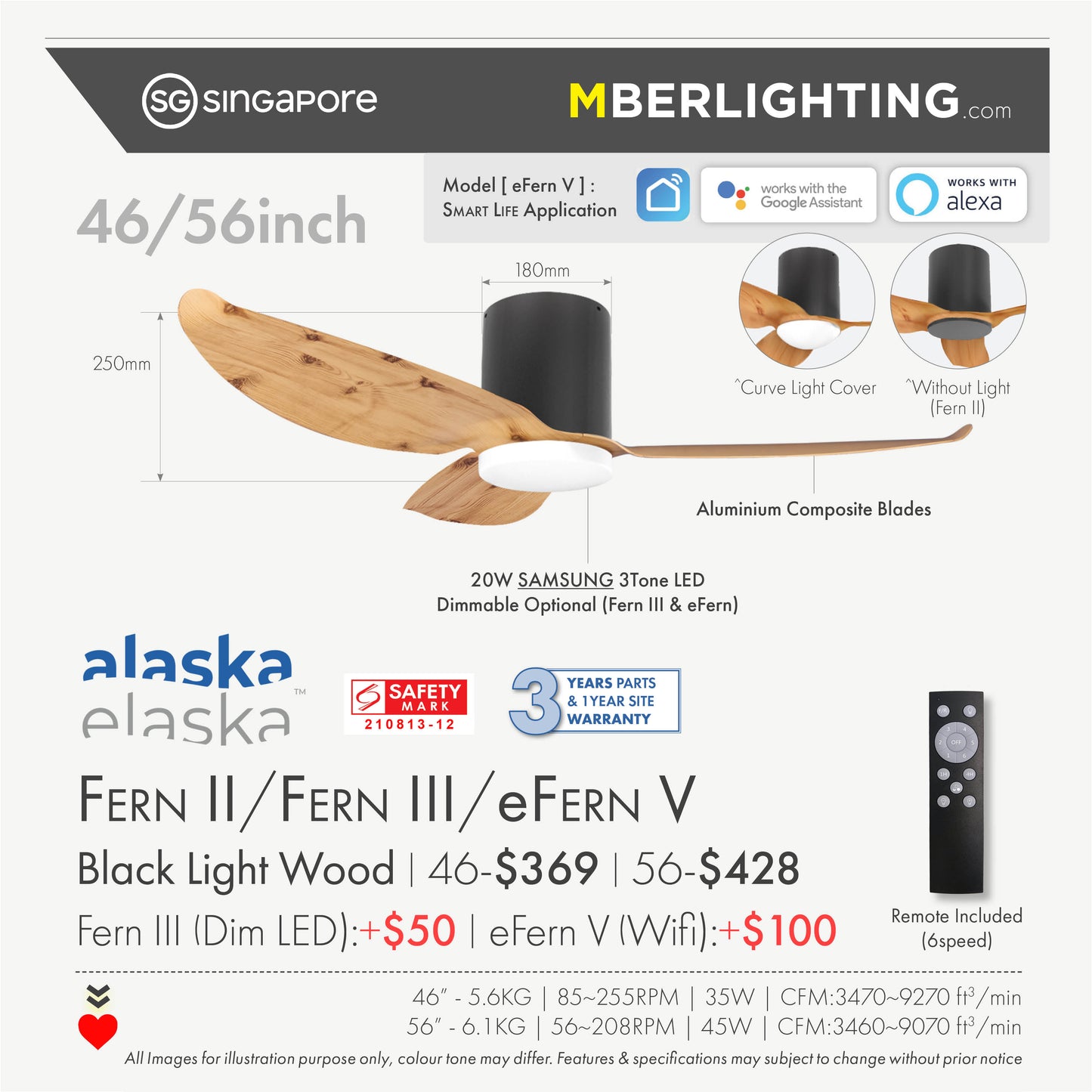 FERN 3-Blades Hugger Ceiling Fan LIGHT WOOD