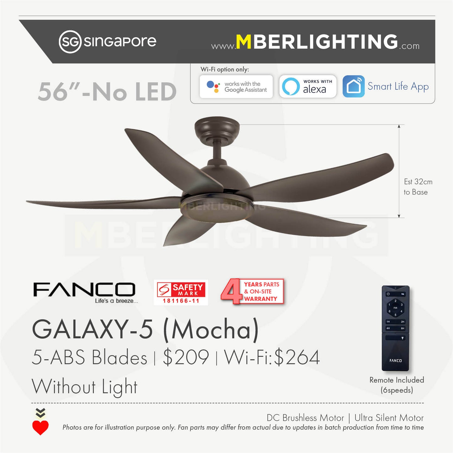 GALAXY5 5-Blades Drop-Rod Ceiling Fan MOCHA