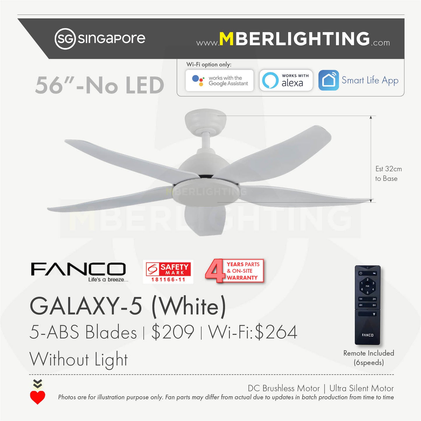 GALAXY5 5-Blades Drop-Rod Ceiling Fan WHITE