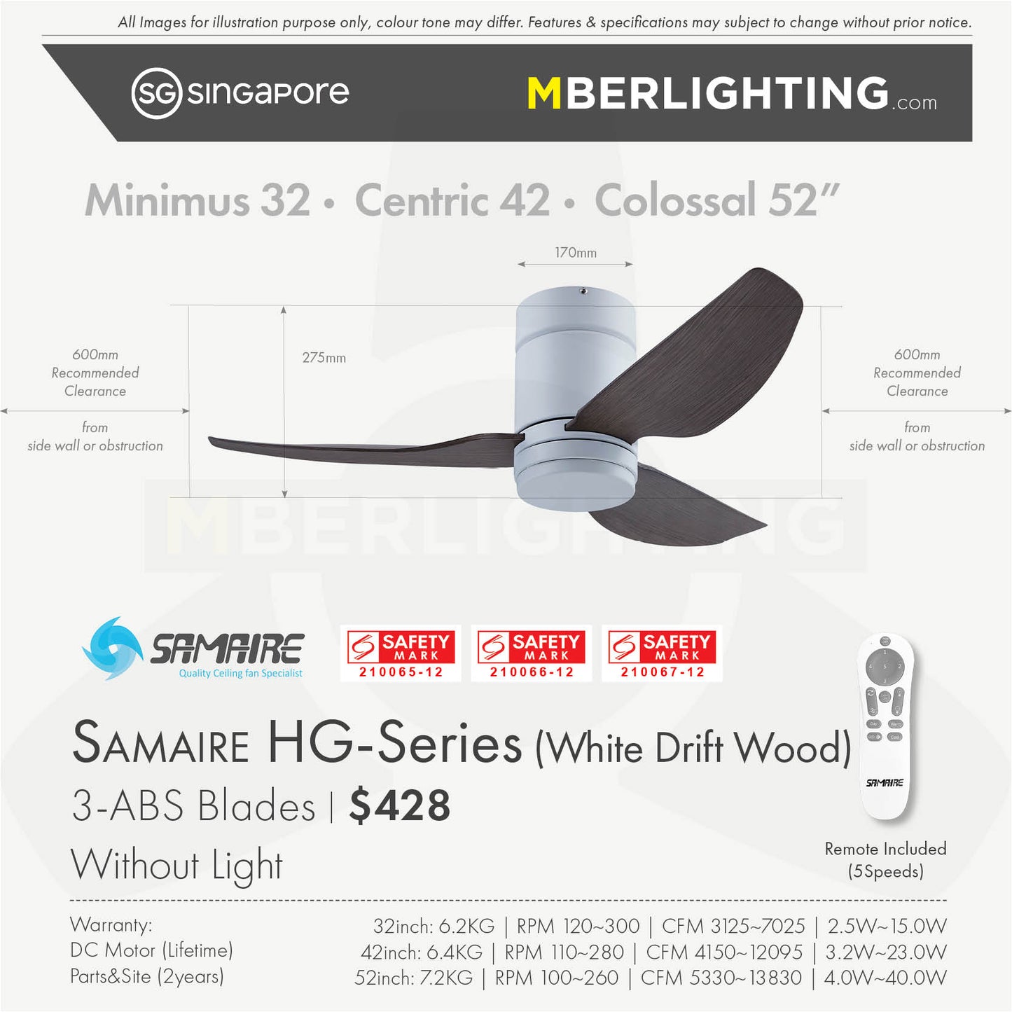 HG 3-Blades Hugger Ceiling Fan DRIFTWOOD