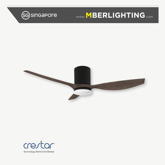 Crestar Hiro+ 50" 3 blade ceiling fan with LED light in black motor casing and black light casing with walnut wood tone fan blades