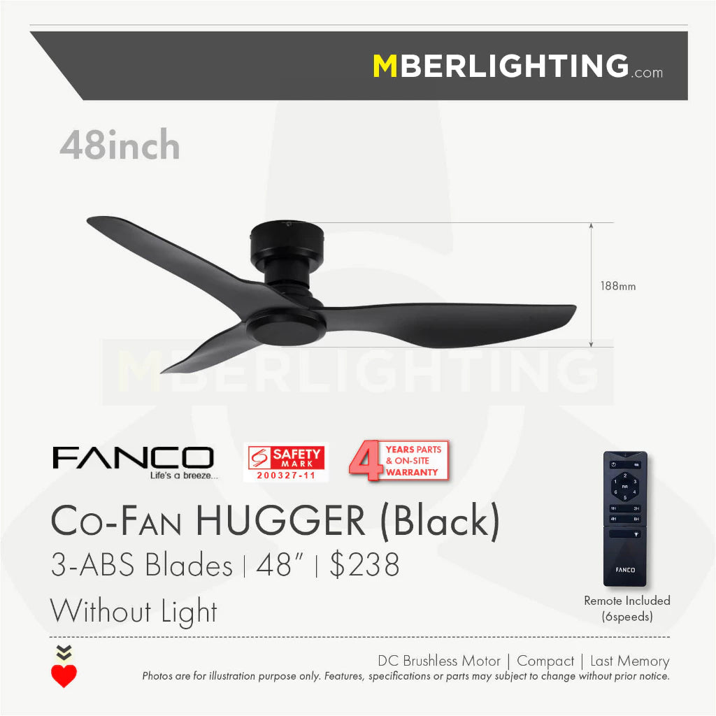 HUGGER 3-Blades Hugger Ceiling Fan BLACK