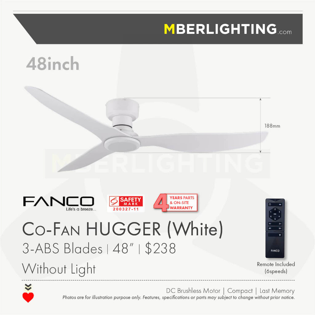 HUGGER 3-Blades Hugger Ceiling Fan WHITE