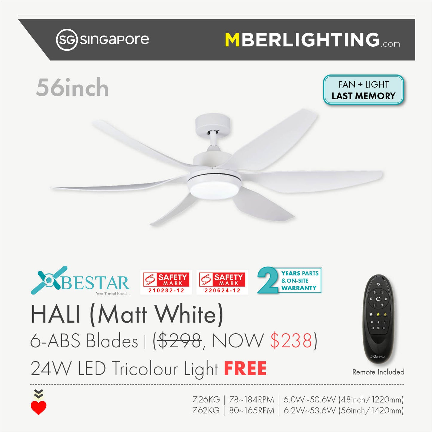HALI 6-Blades Drop Rod Ceiling Fan WHITE