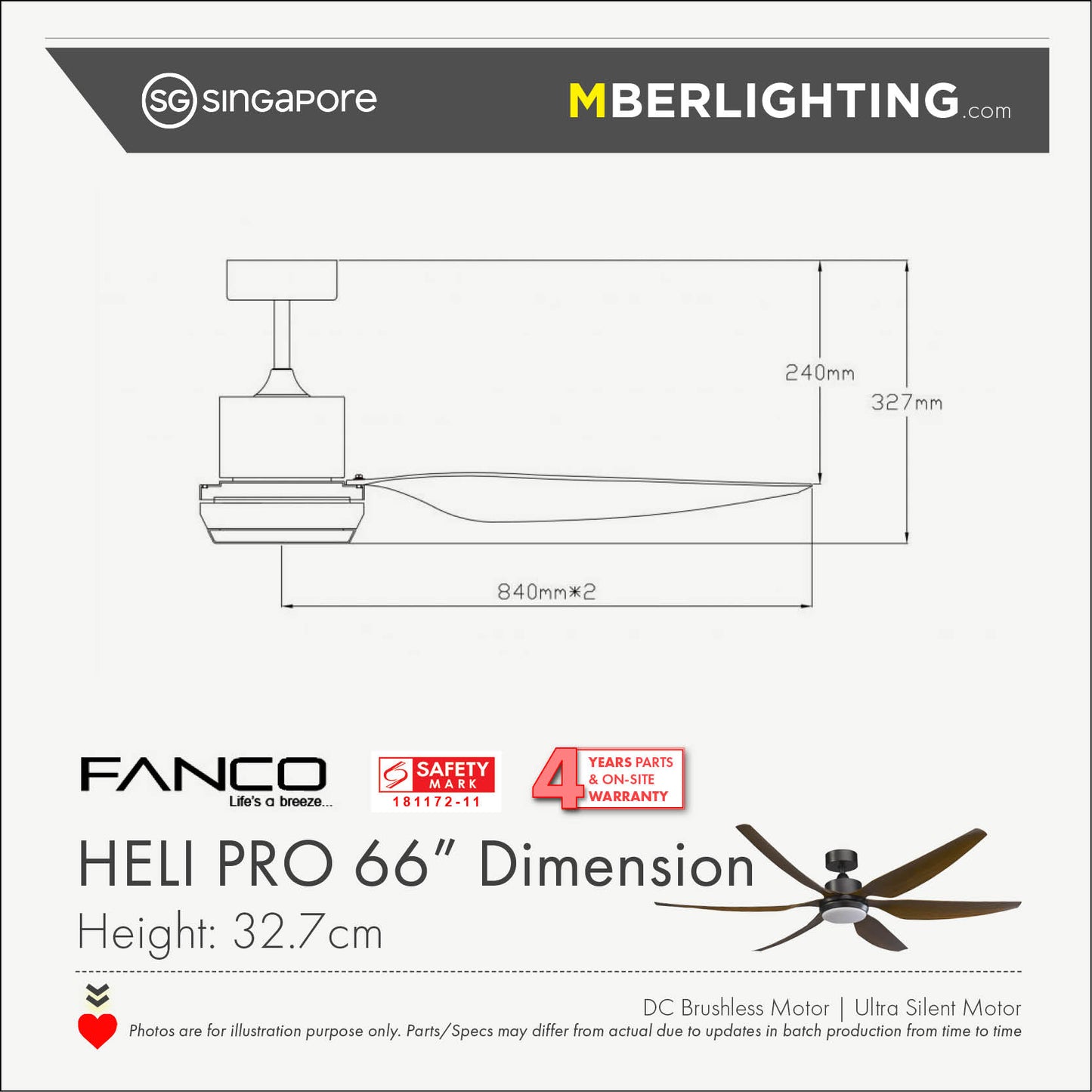 HELI 6-Blades Drop-Rod Ceiling Fan BLACK