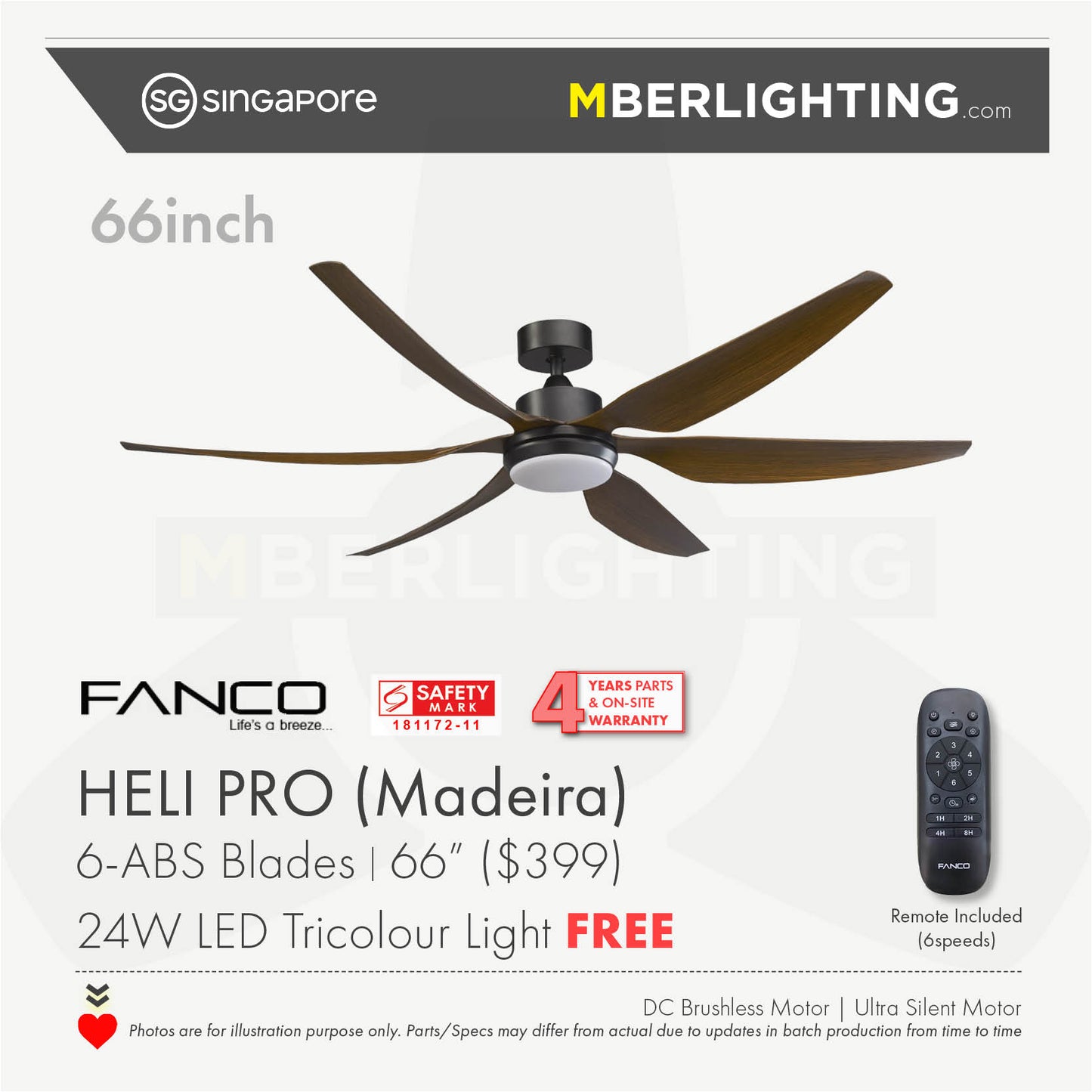 HELI 6-Blades Drop-Rod Ceiling Fan MADERIA