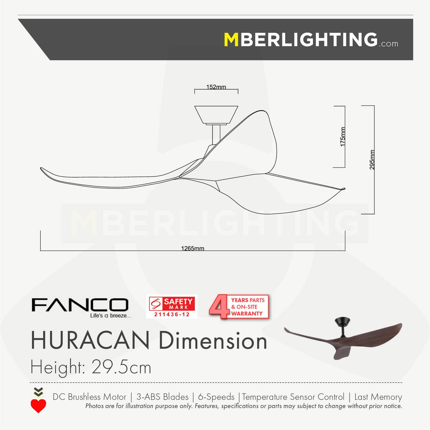 HURACAN 3-Blades Drop-Rod Ceiling Fan WOOD