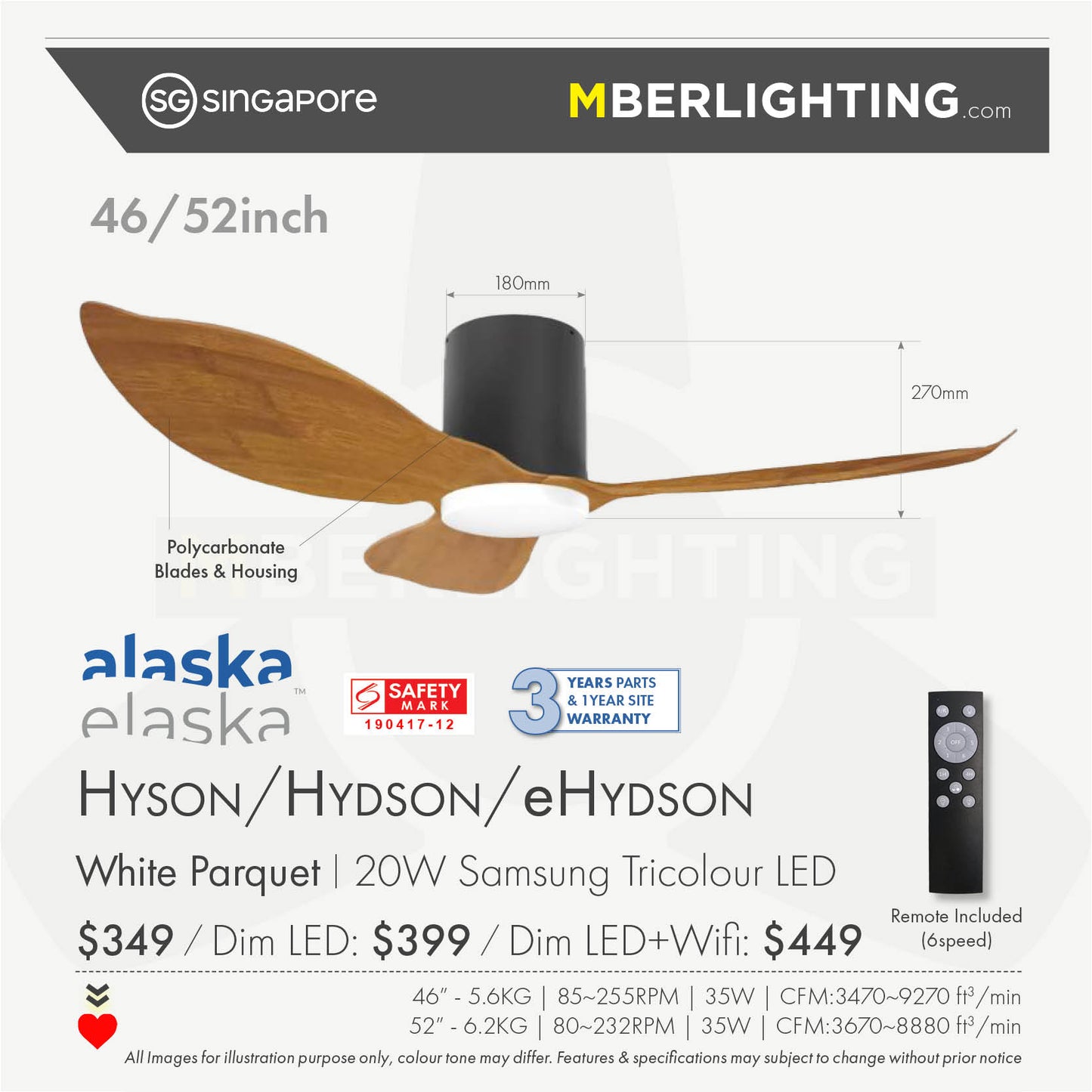 HYSON 3-Blades Hugger Ceiling Fan PARQUET