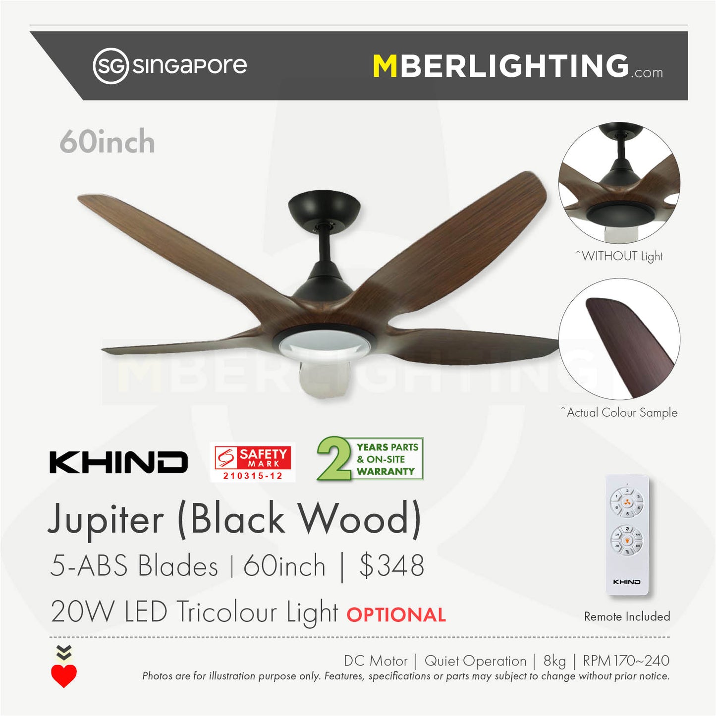 JUPITER 5-Blades Drop Rod Ceiling Fan WOOD