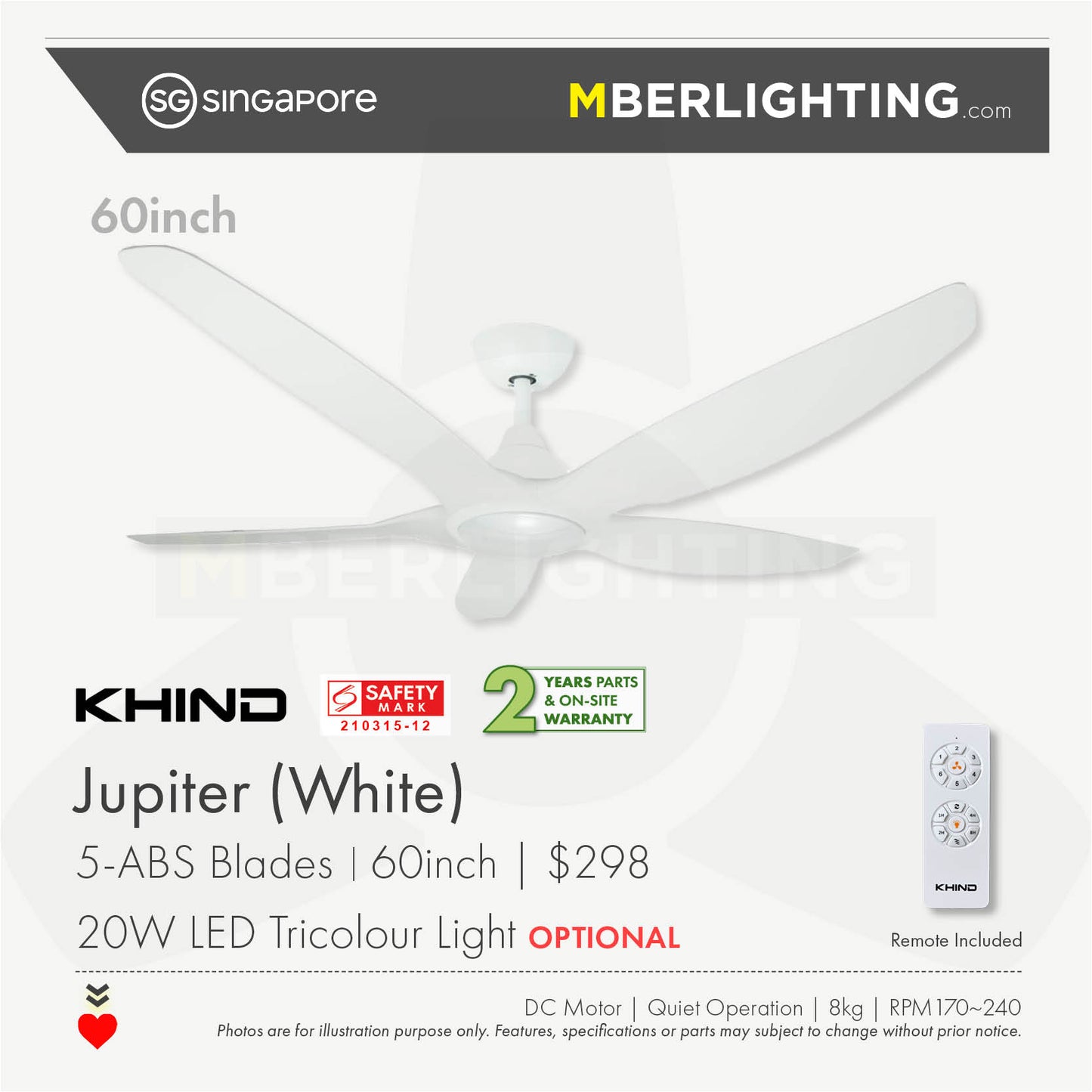 JUPITER 5-Blades Drop Rod Ceiling Fan WHITE