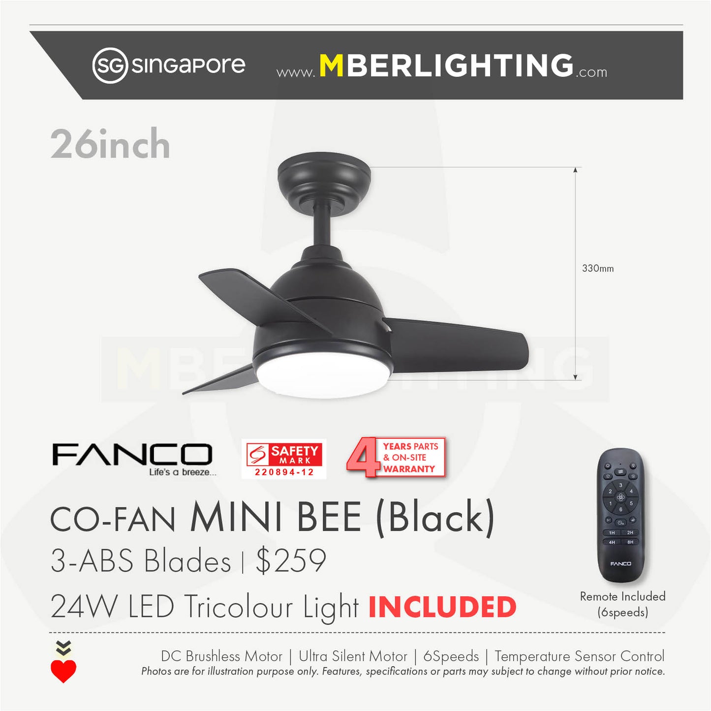 MINI BEE 3-Blades Drop-Rod Ceiling Fan BLACK