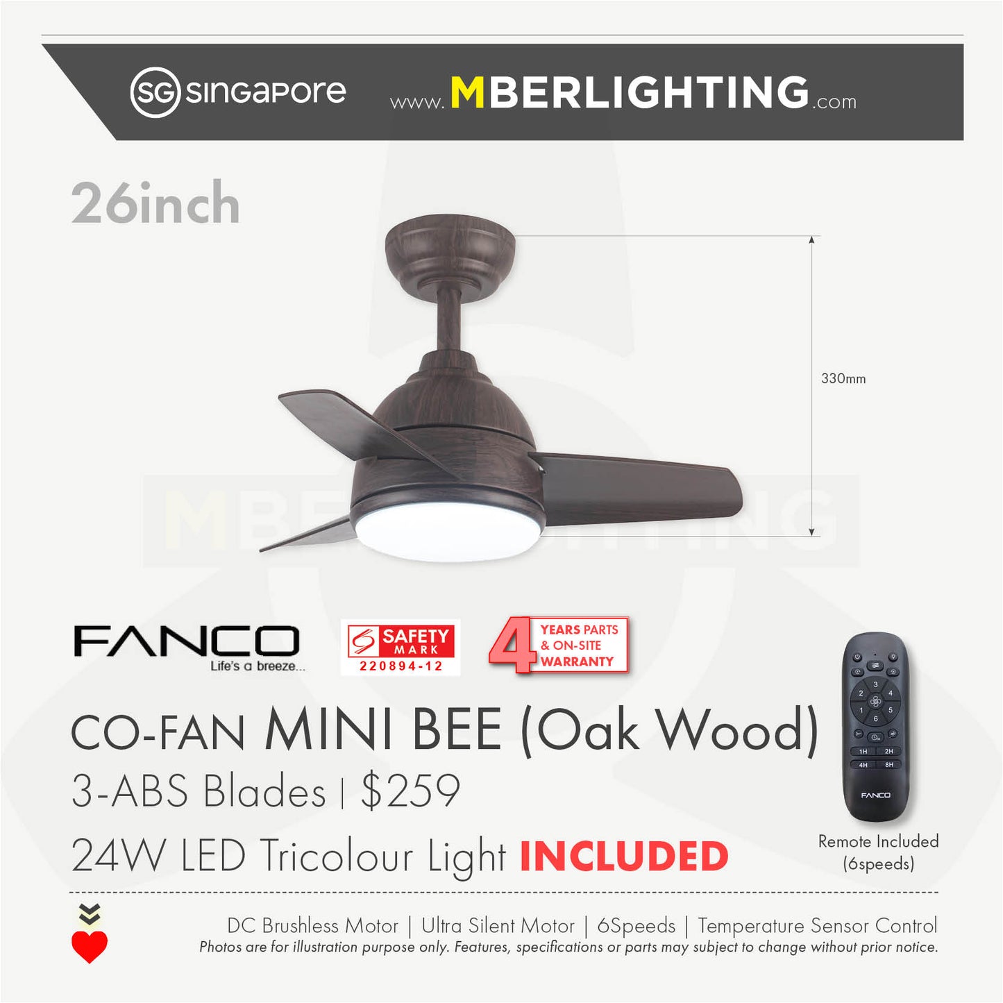 MINI BEE 3-Blades Drop-Rod Ceiling Fan OAK WOOD