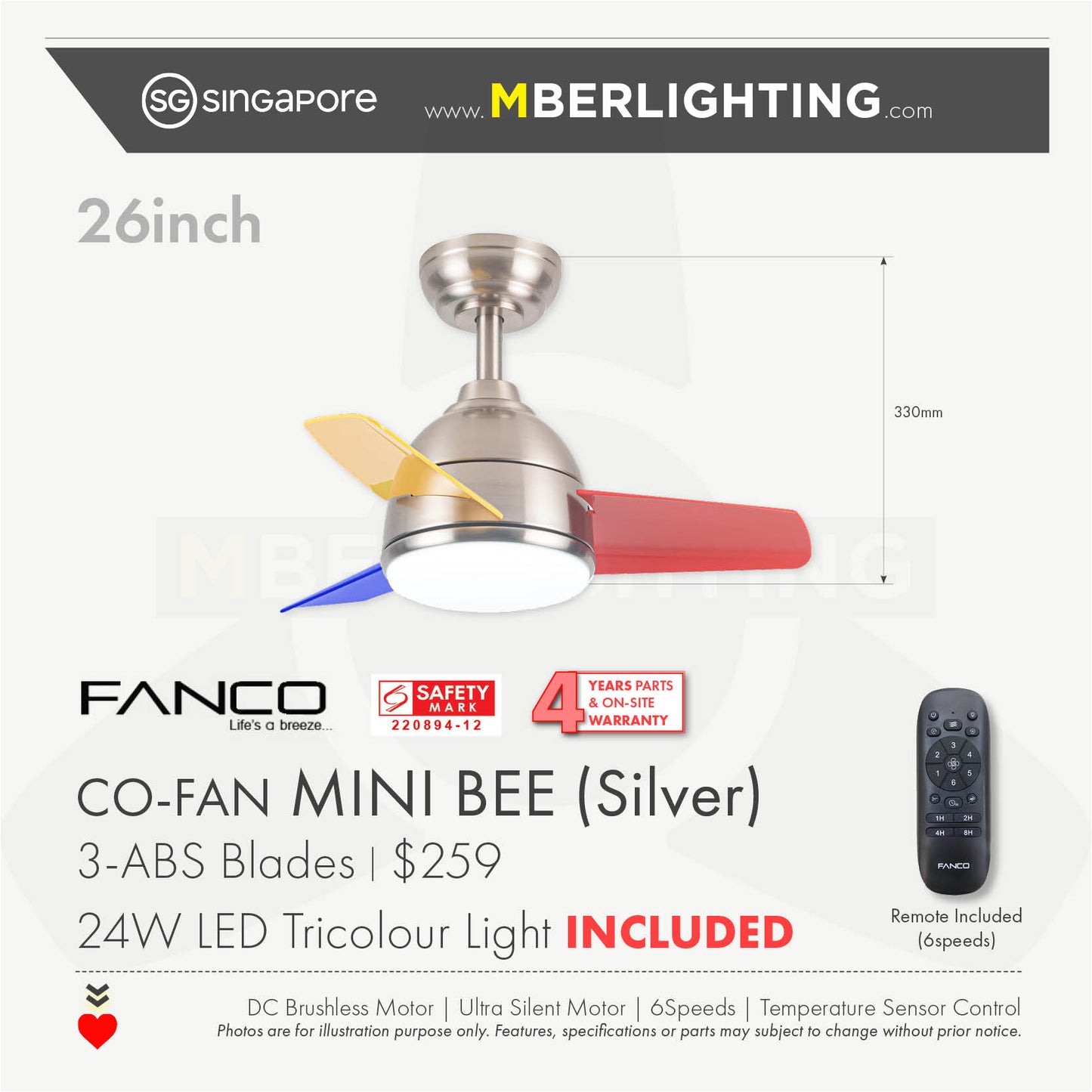 MINI BEE 3-Blades Drop-Rod Ceiling Fan SILVER RAINBOW