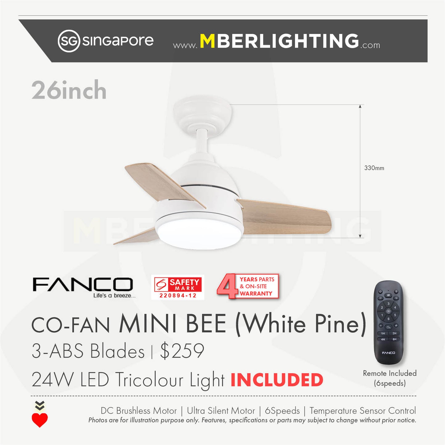 MINI BEE 3-Blades Drop-Rod Ceiling Fan WHITE PINE