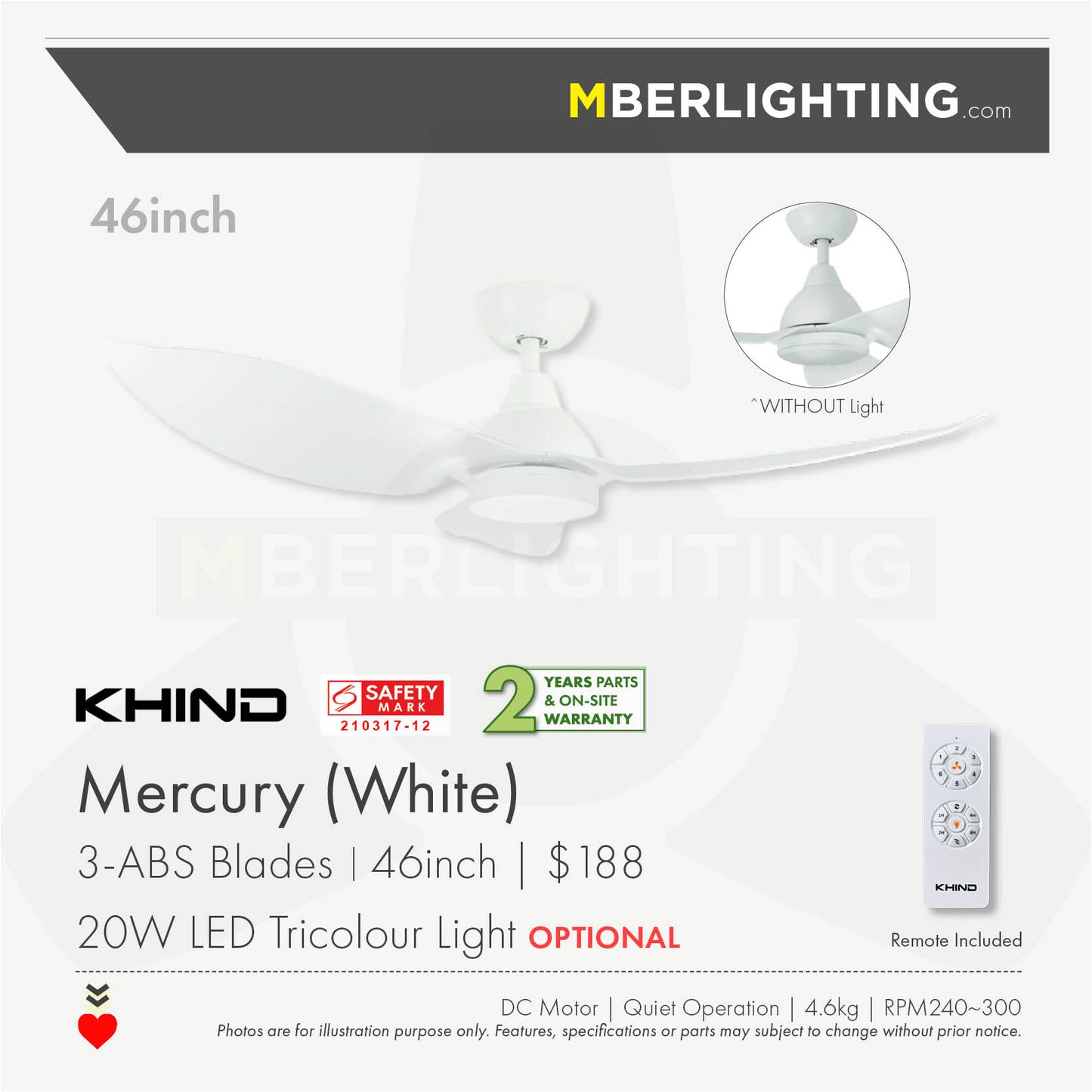 MERCURY 3-Blades Drop Rod Ceiling Fan WHITE