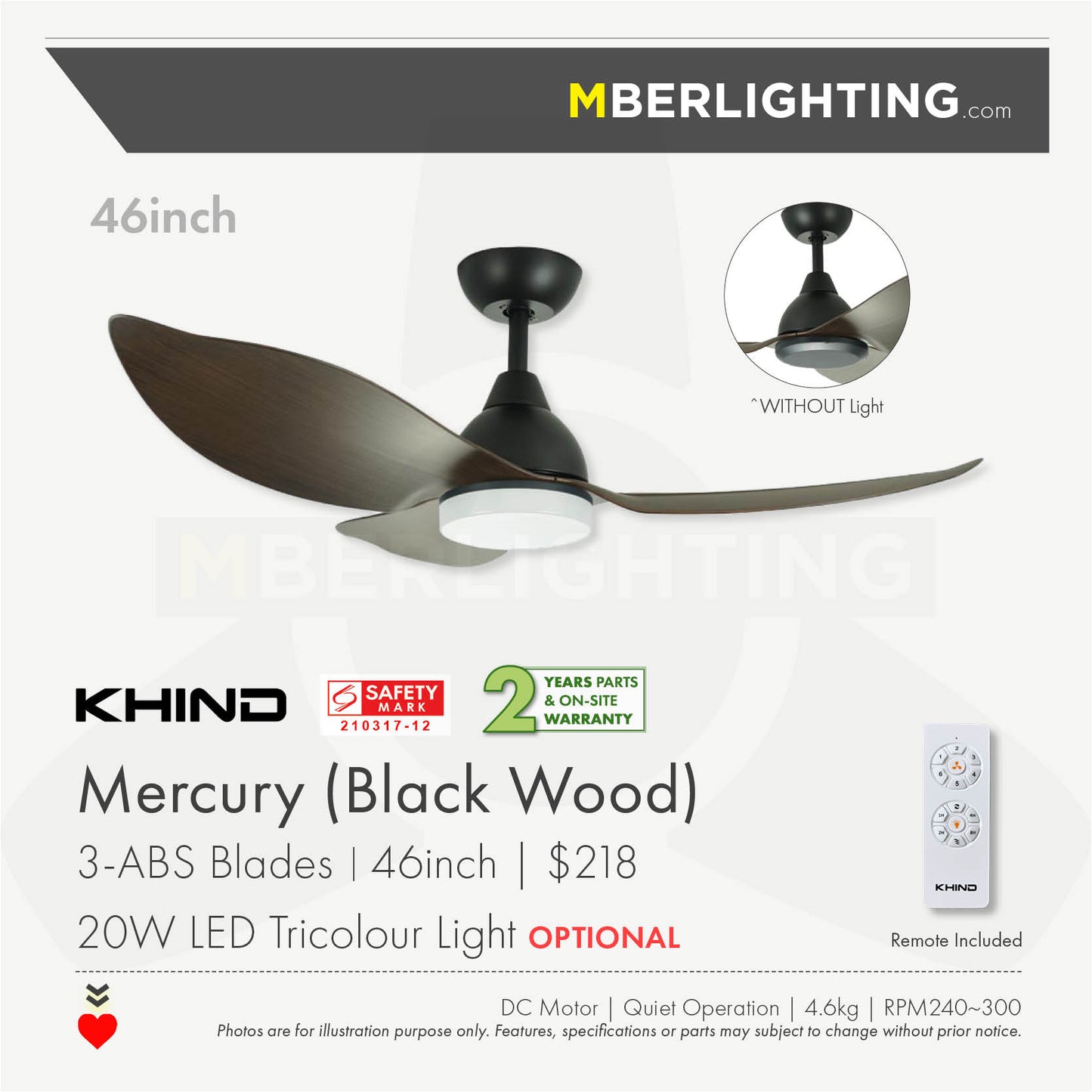 MERCURY 3-Blades Drop Rod Ceiling Fan WOOD