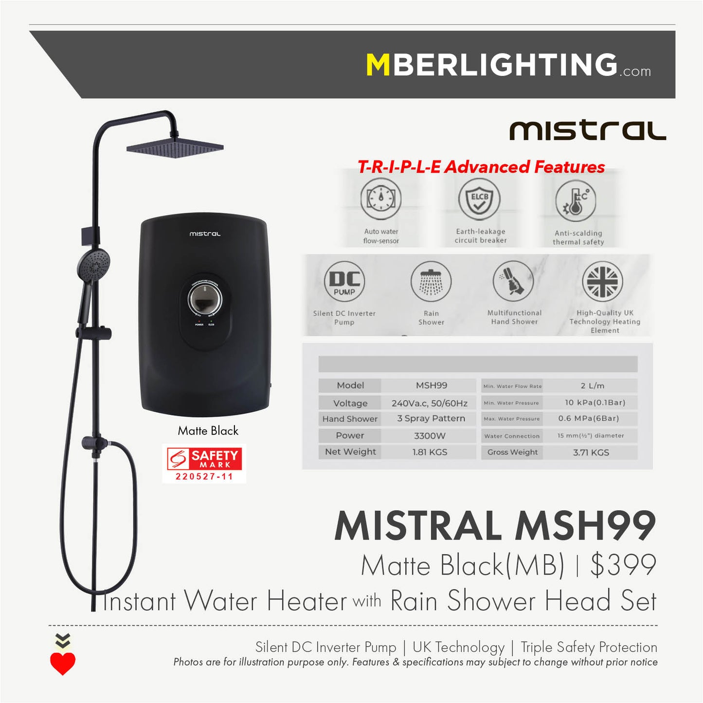 Mistral MSH99 Instant Water Heater MATTE BLACK