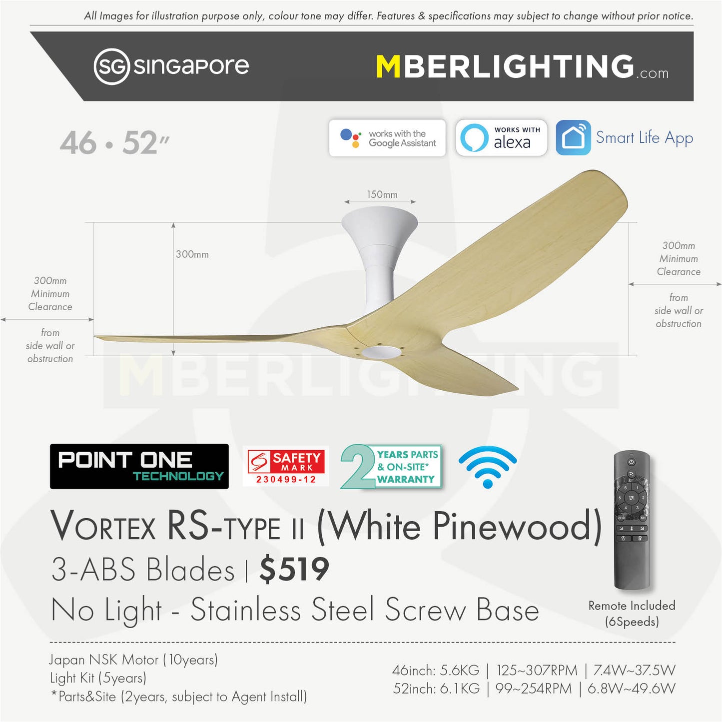 VORTEX RS-Type2 3-Blades Hugger Ceiling Fan PINEWOOD