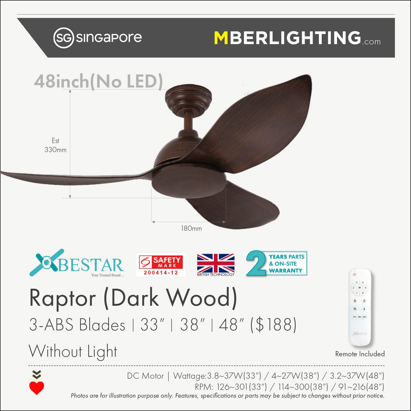 RAPTOR 3-Blades Drop Rod Ceiling Fan DARK WOOD