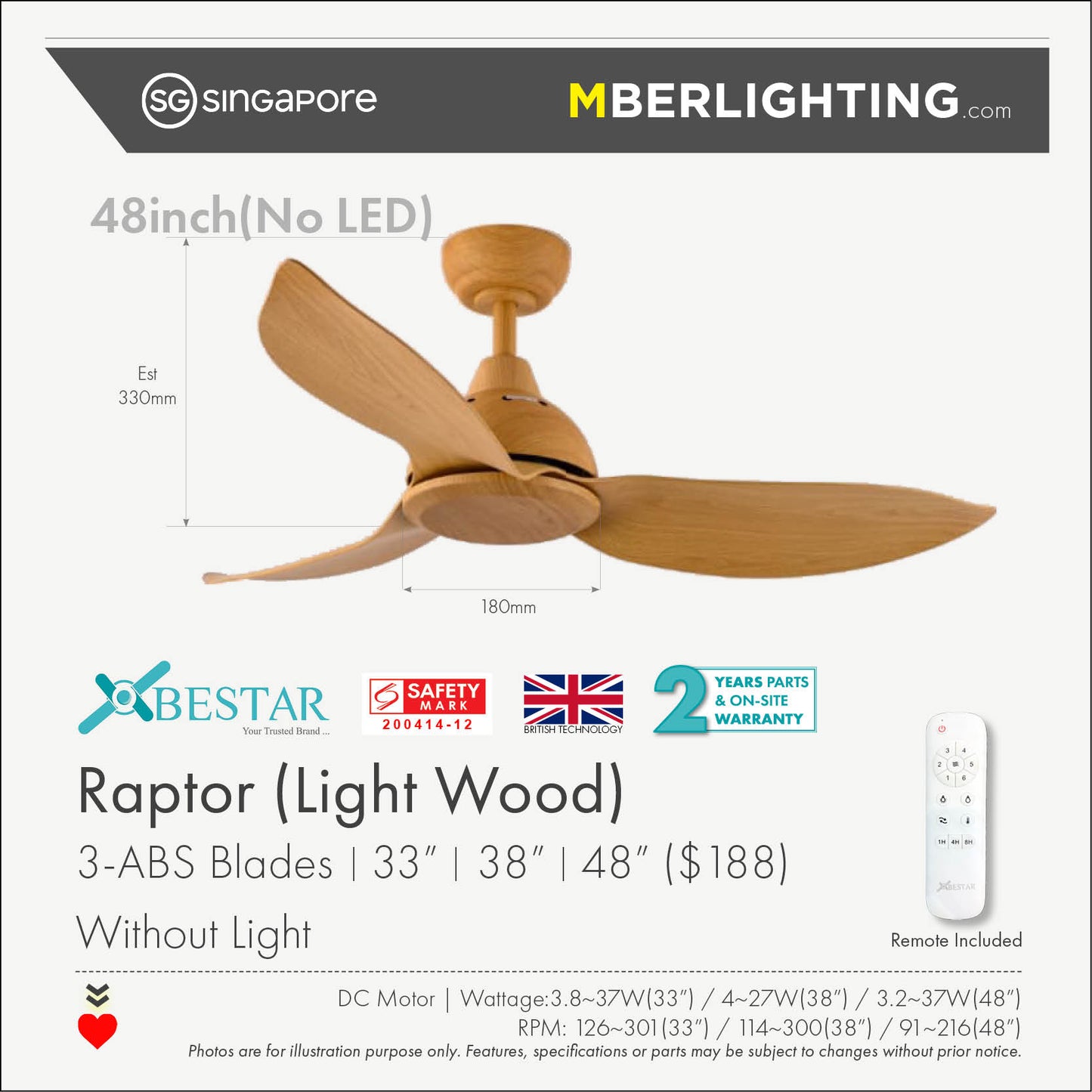 RAPTOR 3-Blades Drop Rod Ceiling Fan LIGHT WOOD