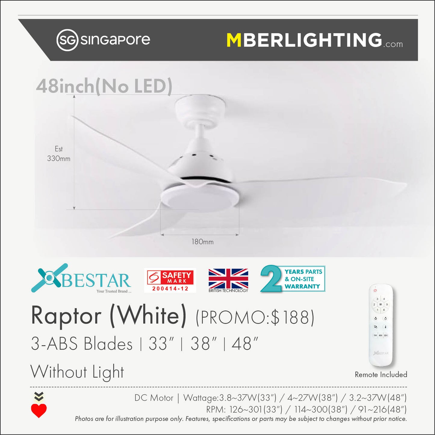 RAPTOR 3-Blades Drop Rod Ceiling Fan WHITE