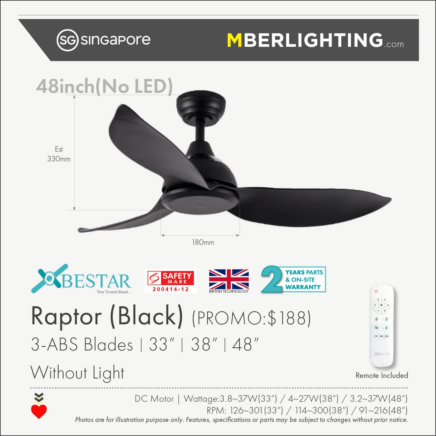 RAPTOR 3-Blades Drop Rod Ceiling Fan BLACK