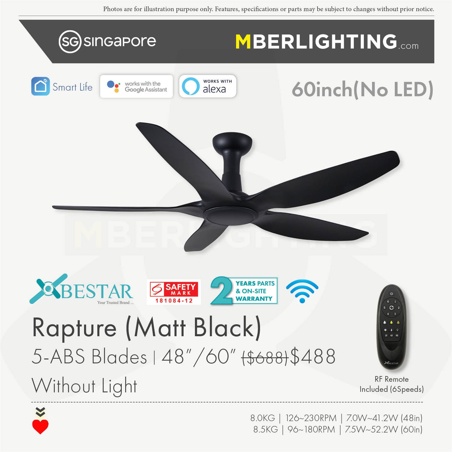 RAPTURE 5-Blades Drop Rod Ceiling Fan BLACK
